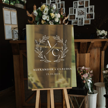Personalised Acrylic Floral Wreath Wedding Signage, Custom UV Print Monogram & Names Mirror  Engagement/ Anniversary/ Birthday Welcome Sign