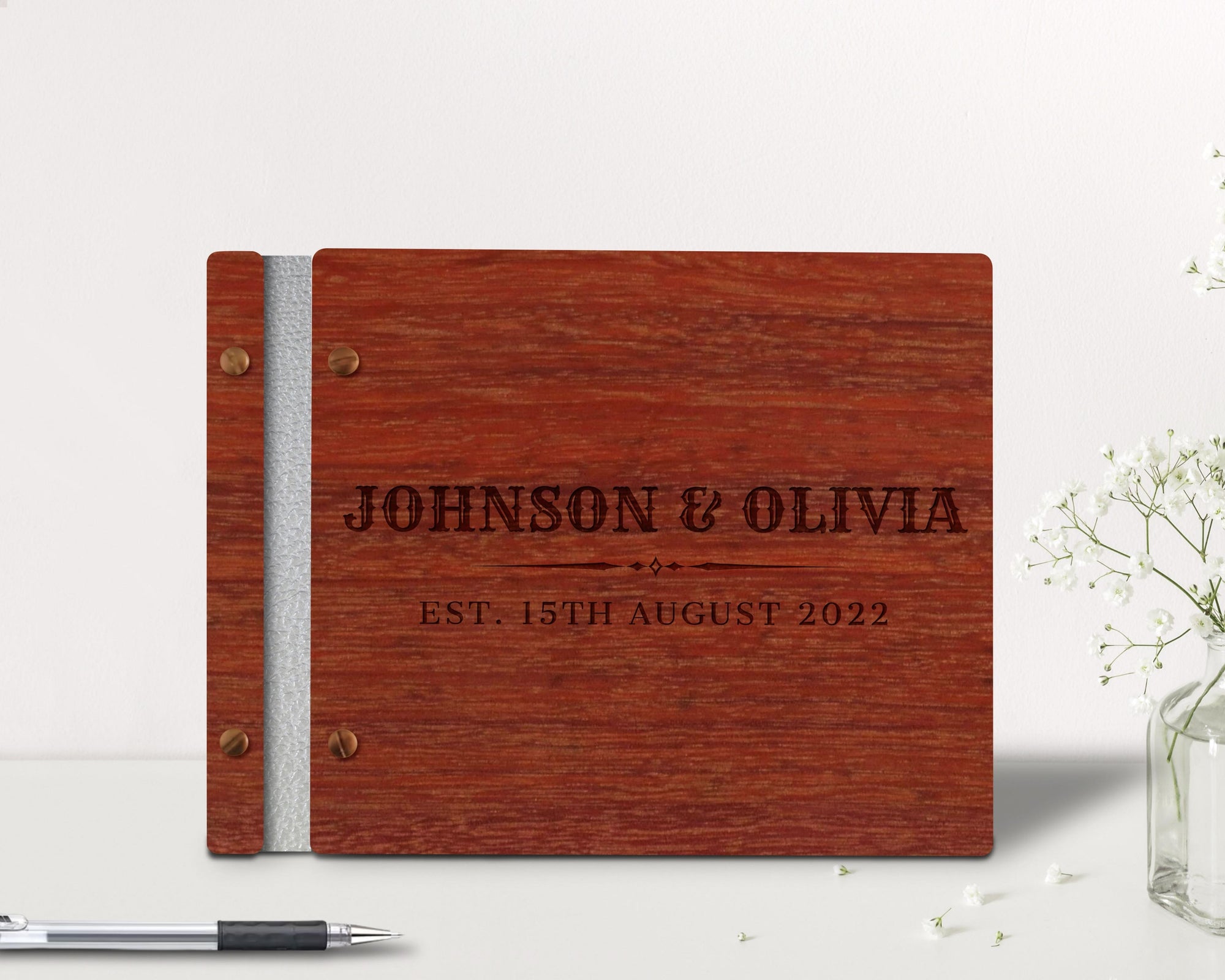 Custom Engraved Wooden & Vegan Leather Weding Guest Book, Personalised Plywood Alternative/ Traditional Guestbook Keepsake,  Rustic/ Vintage Party Decor