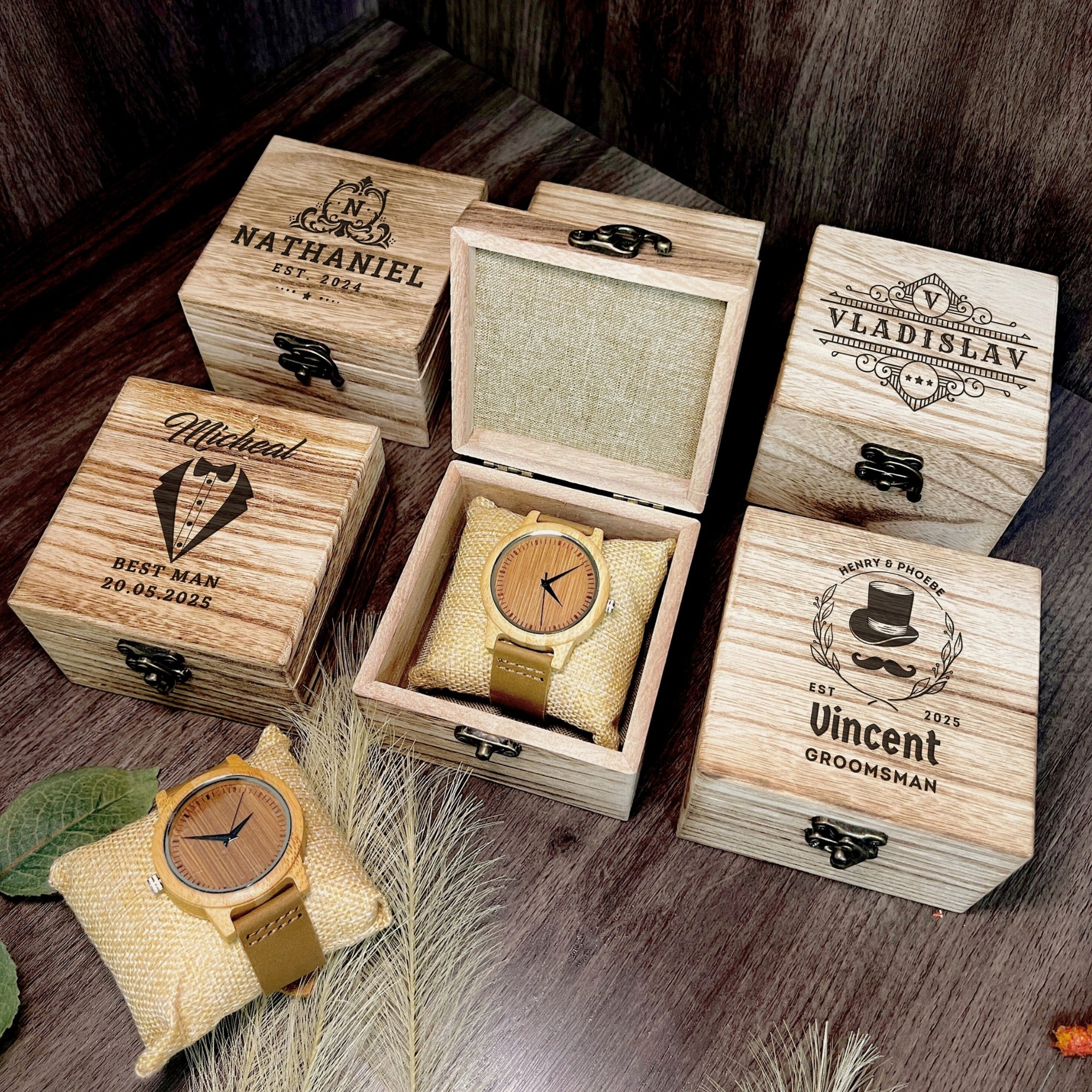 Personalised Bamboo Watch & Wooden Box Set, Custom Engraved Unisex Accessories/ Jewellery Storage, Groomsman/ Dad Mother Gift Wedding Favour
