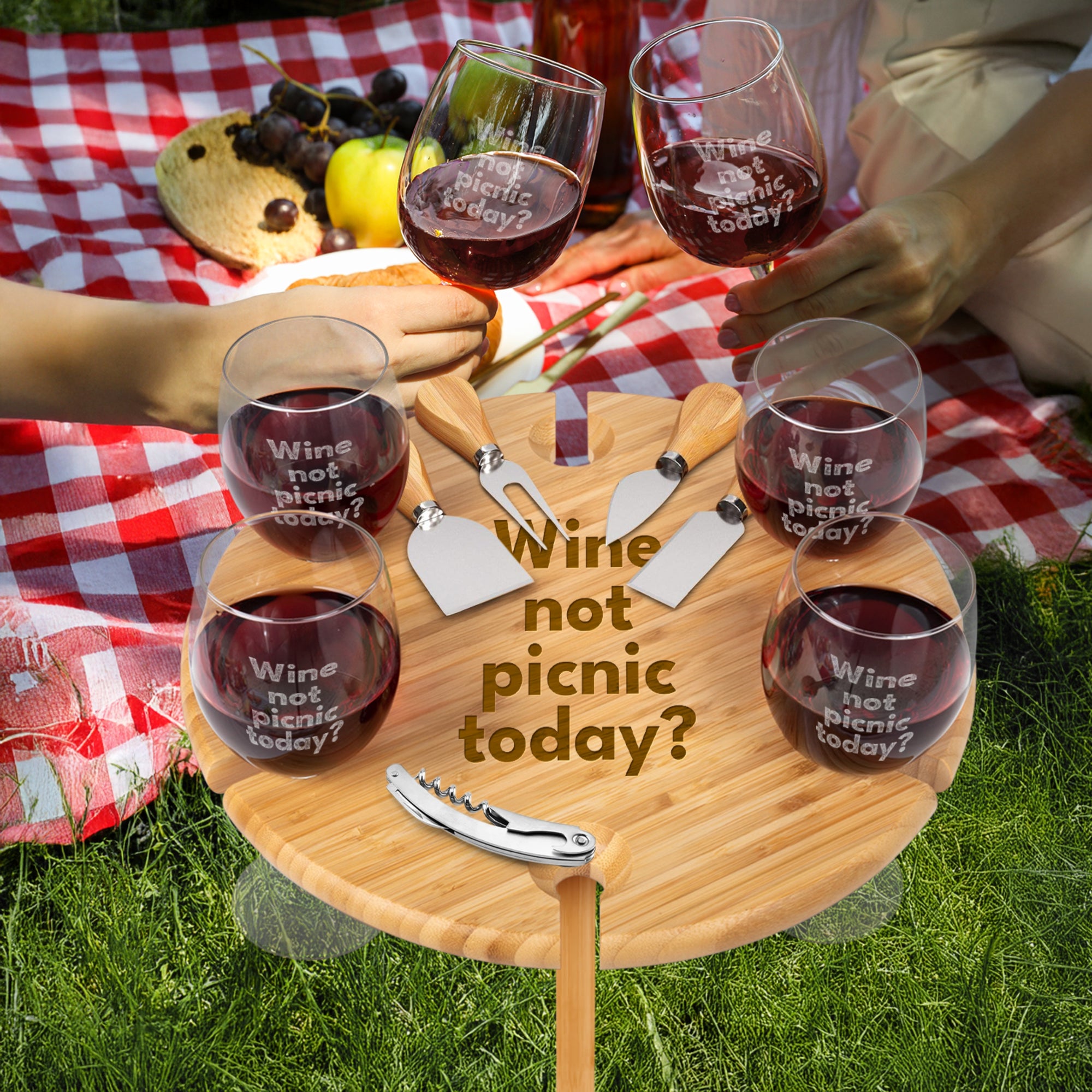 Engraved Assemble Bamboo Round Stake Picnic Table with Cheese Knives Set & 6 Wine Glasses Holder