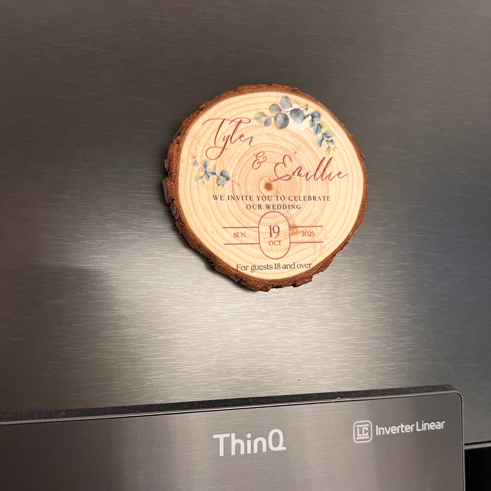 Personalised UV Print Wood Slice Save The Date Fridge Magnet & Invitation Card, Kraft Envelope, Customised Rustic Wreath Wedding Stationery