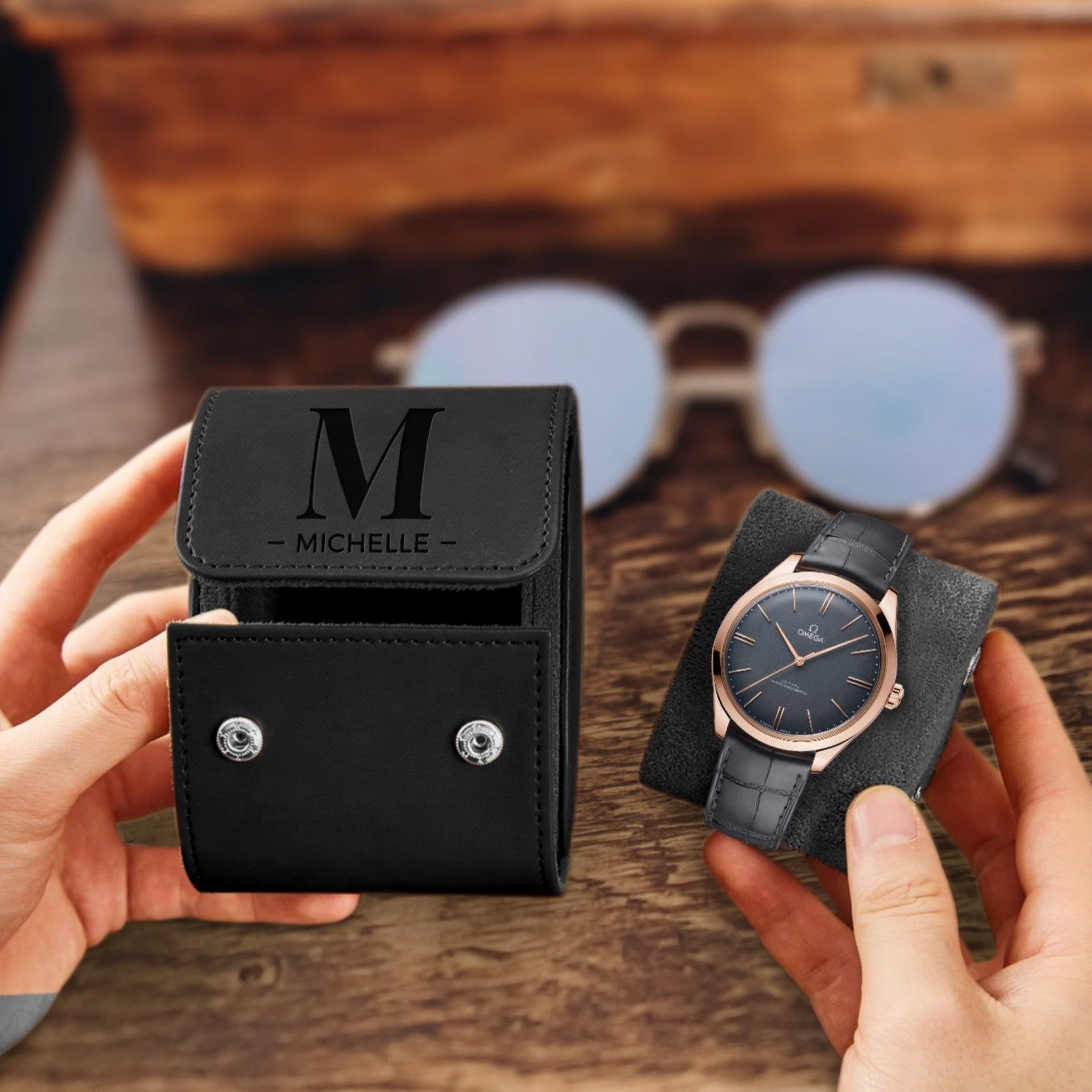 Personalised Black Leatherette Watch Case Box, Custom Engraved Travel Watches Roll Slot Display Storage, Groomsman/ Dad/ Birthday Xmas Gift