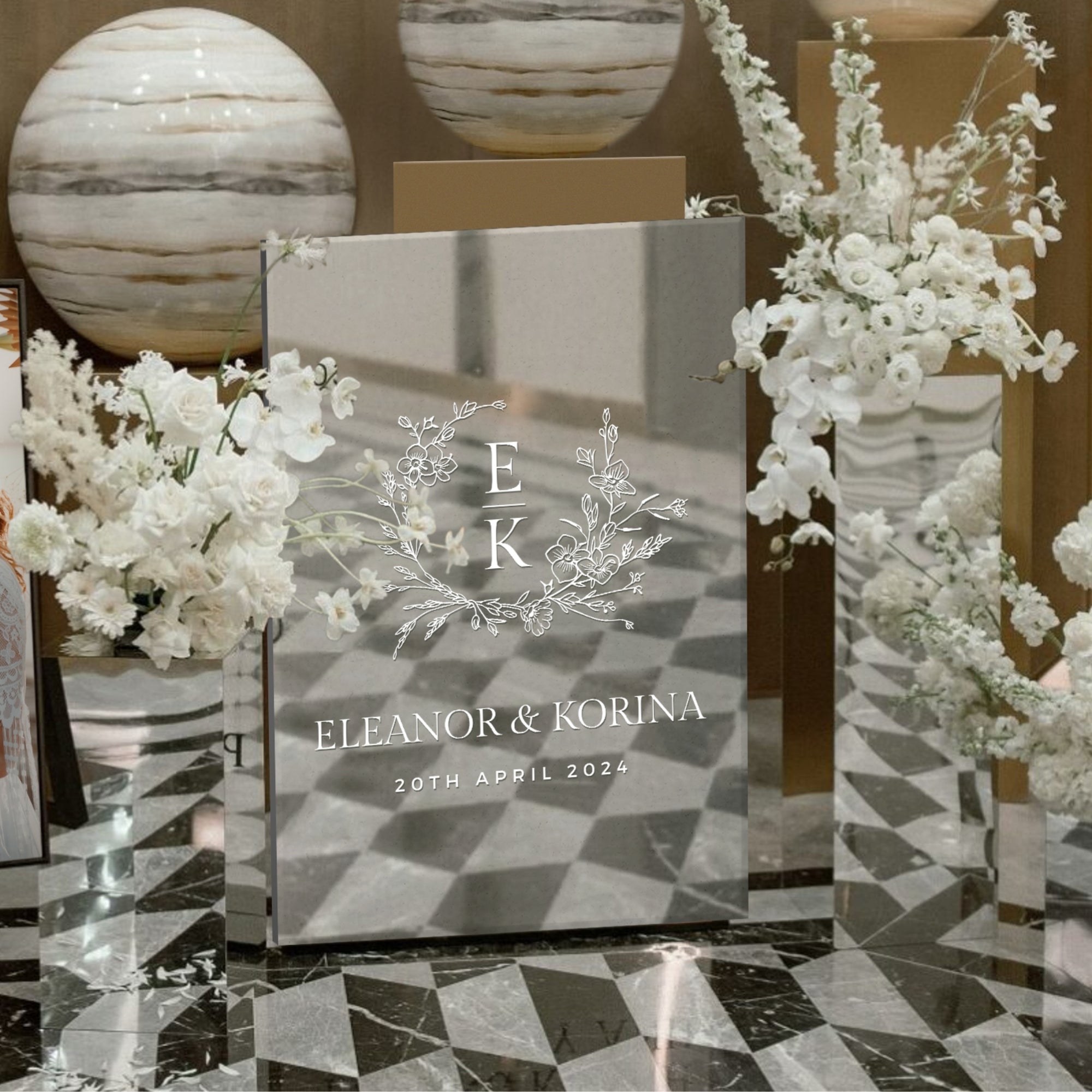 Personalised Acrylic Floral Wreath Wedding Signage, Custom UV Print Monogram & Names Mirror  Engagement/ Anniversary/ Birthday Welcome Sign