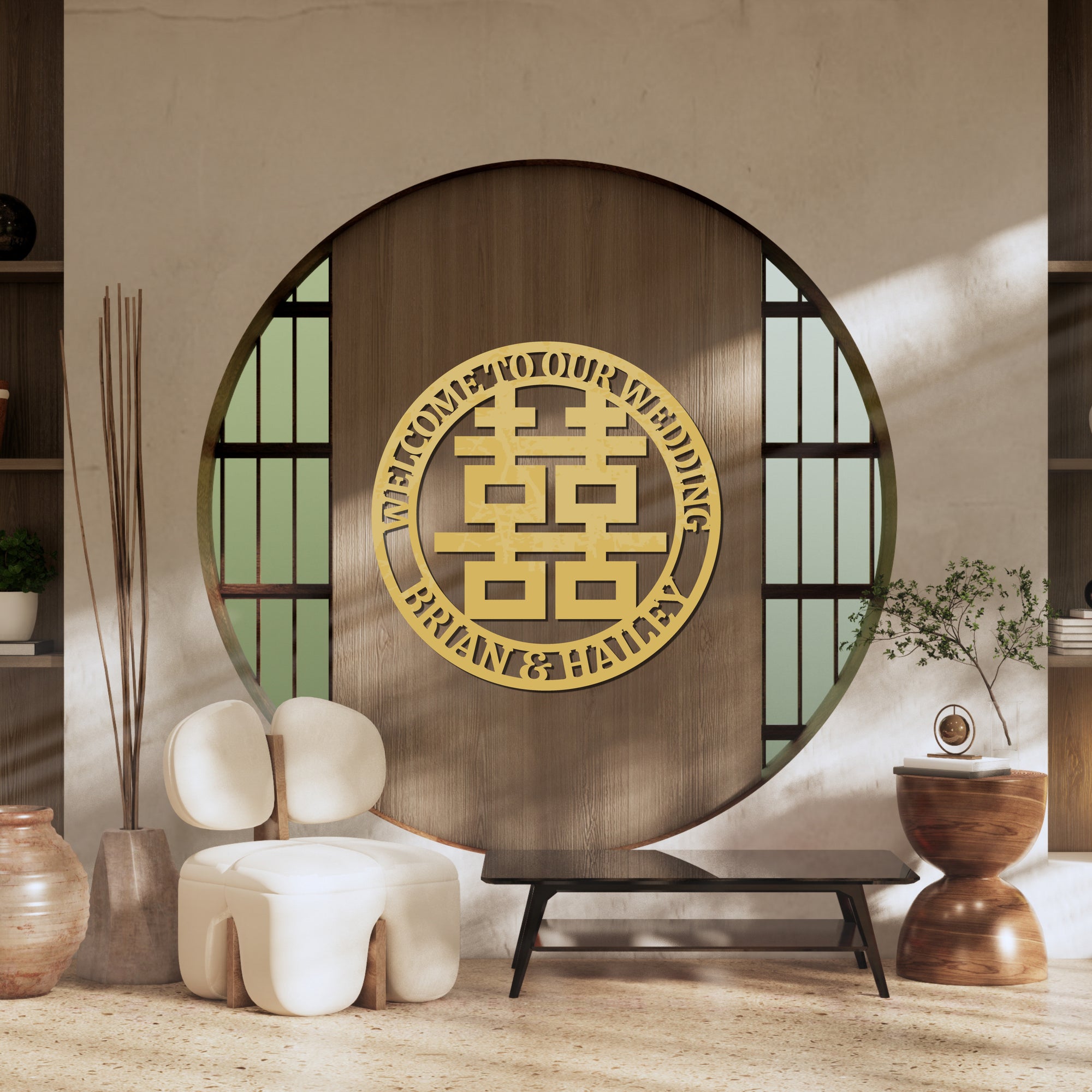 Personalised Name & Date Round Traditional Asian Wedding Sign, Chinese Double Happiness 囍, Customised Hỷ Joy Tea Ceremony Signage, Event Wall Decor Hoop