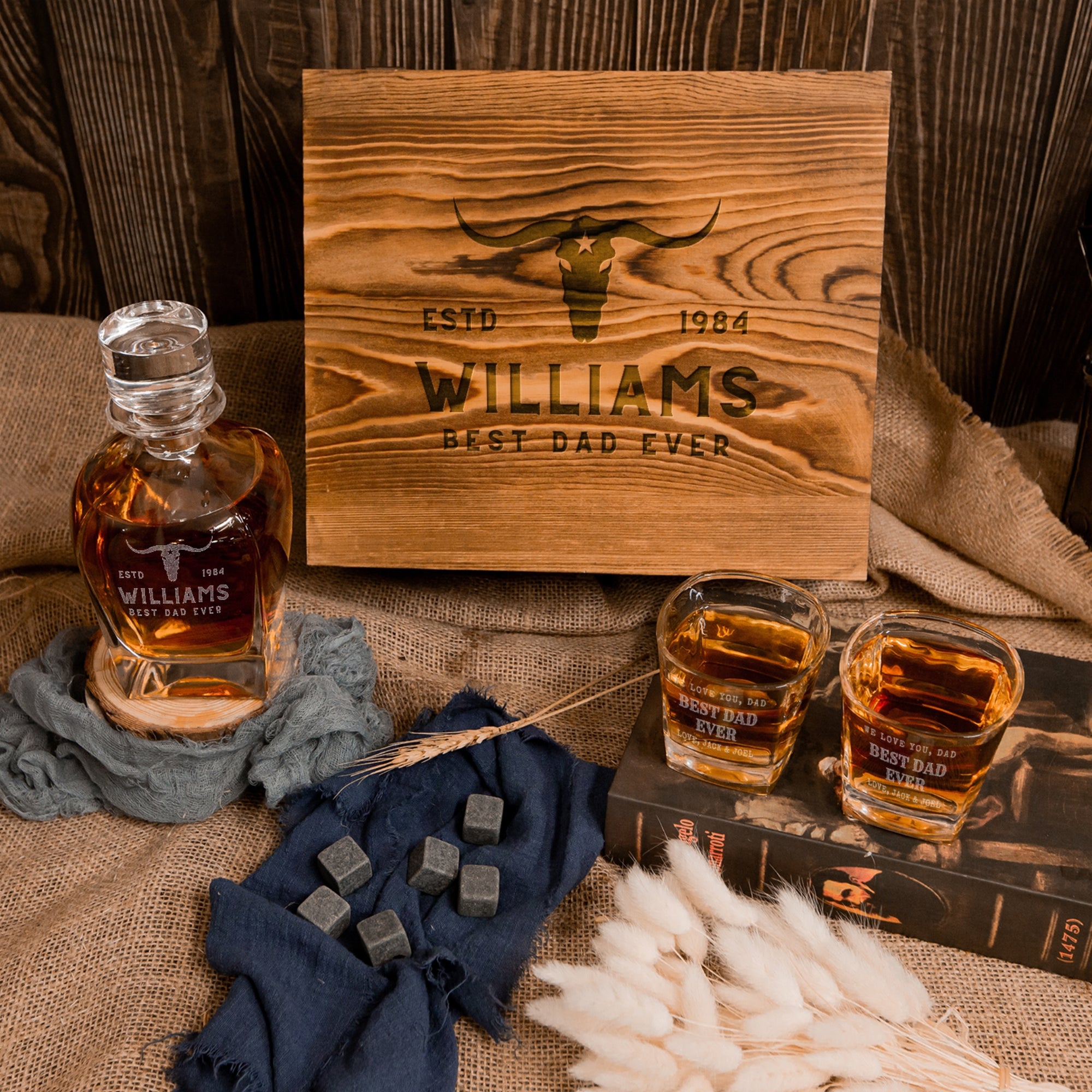 Engraved Whiskey Wooden Box - Curve Decanter, 2 Scotch Glasses & 6 Ice Stones, Personalised Barware Set Groomsman, Bachelor Party, Xmas Gift