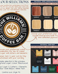 Color selection chart for The Williams Coffee Bar with logo and material options.