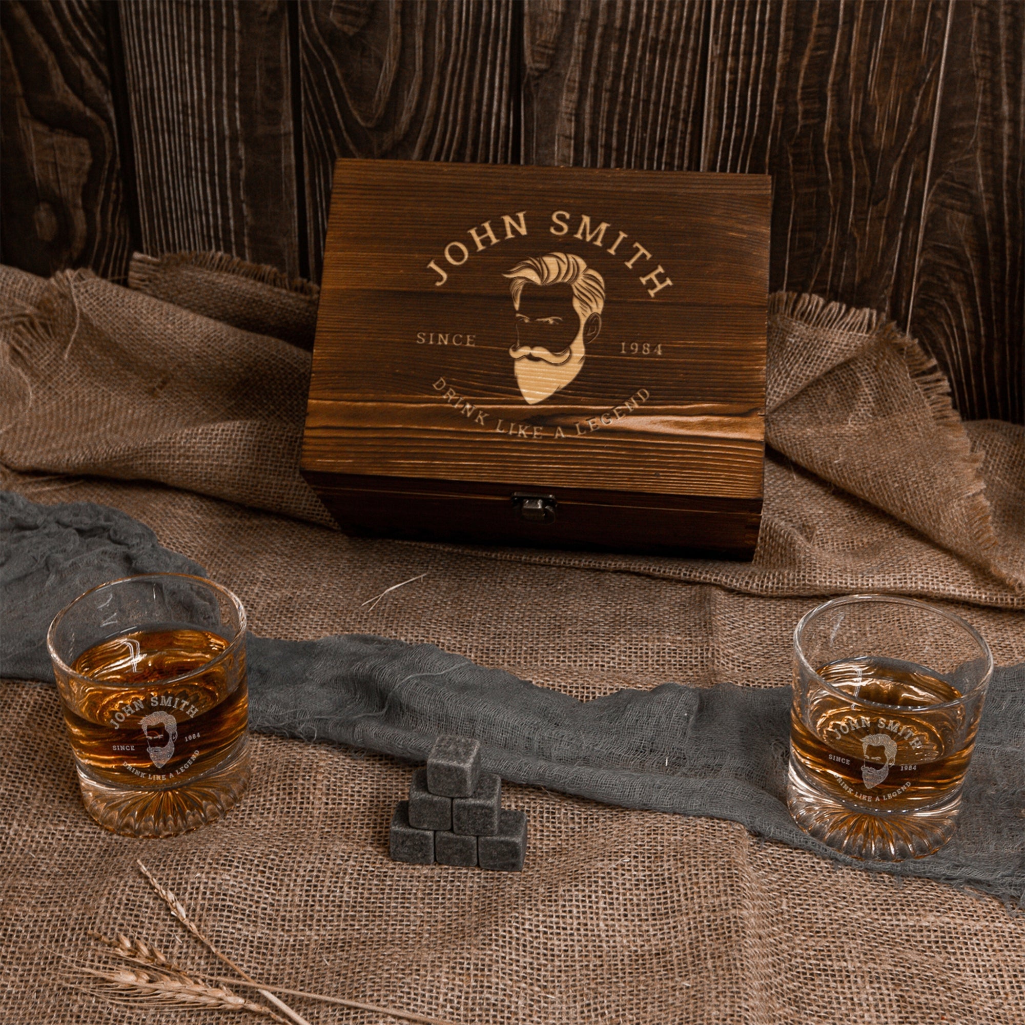 Custom Engraved Whiskey Wooden Box - 2 Round Star Scotch Glasses & 6 Rock Ice Stones, Personalised Barware Set, Birthday, Housewarming Gift