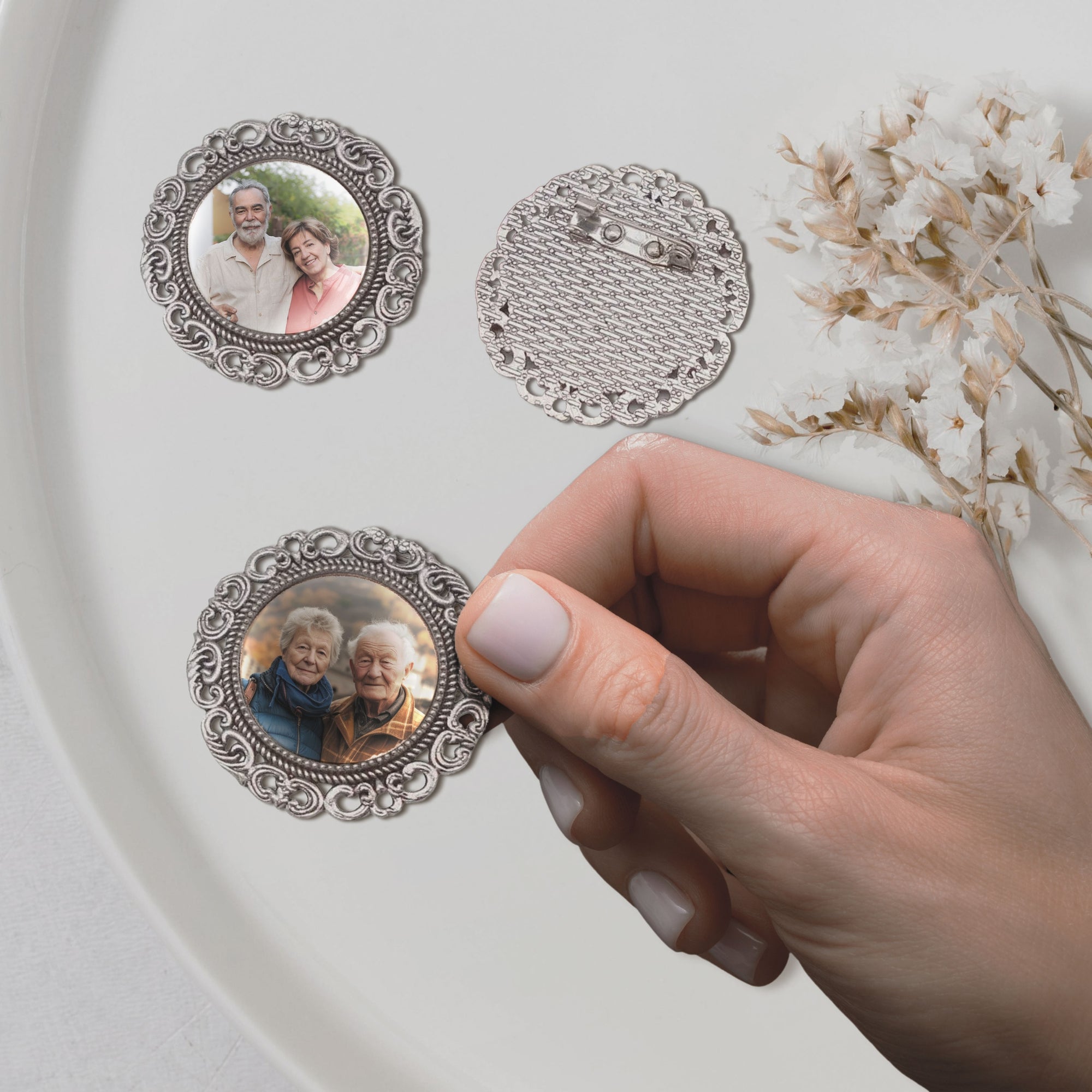 Personalised Photo Memorial Round Boutonniere Groom Lapel Pin/ Tie Clip, Bridal Bouquet Charm, Vintage Brooch Pendant, Wedding Keepsake Gift