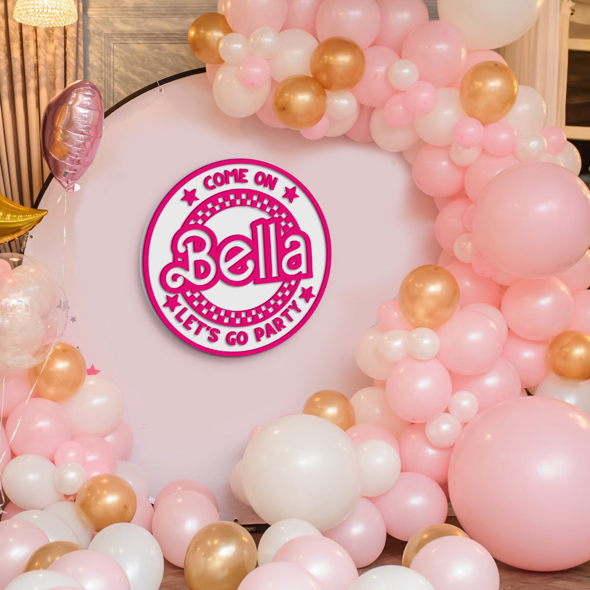 Custom Acrylic 3D Double Layer Barbie Name Round Sign, Personalised Mirror Kid Nursery Wall Decor, Wedding, Birthday, Bridal Shower Circle Plaque Signage