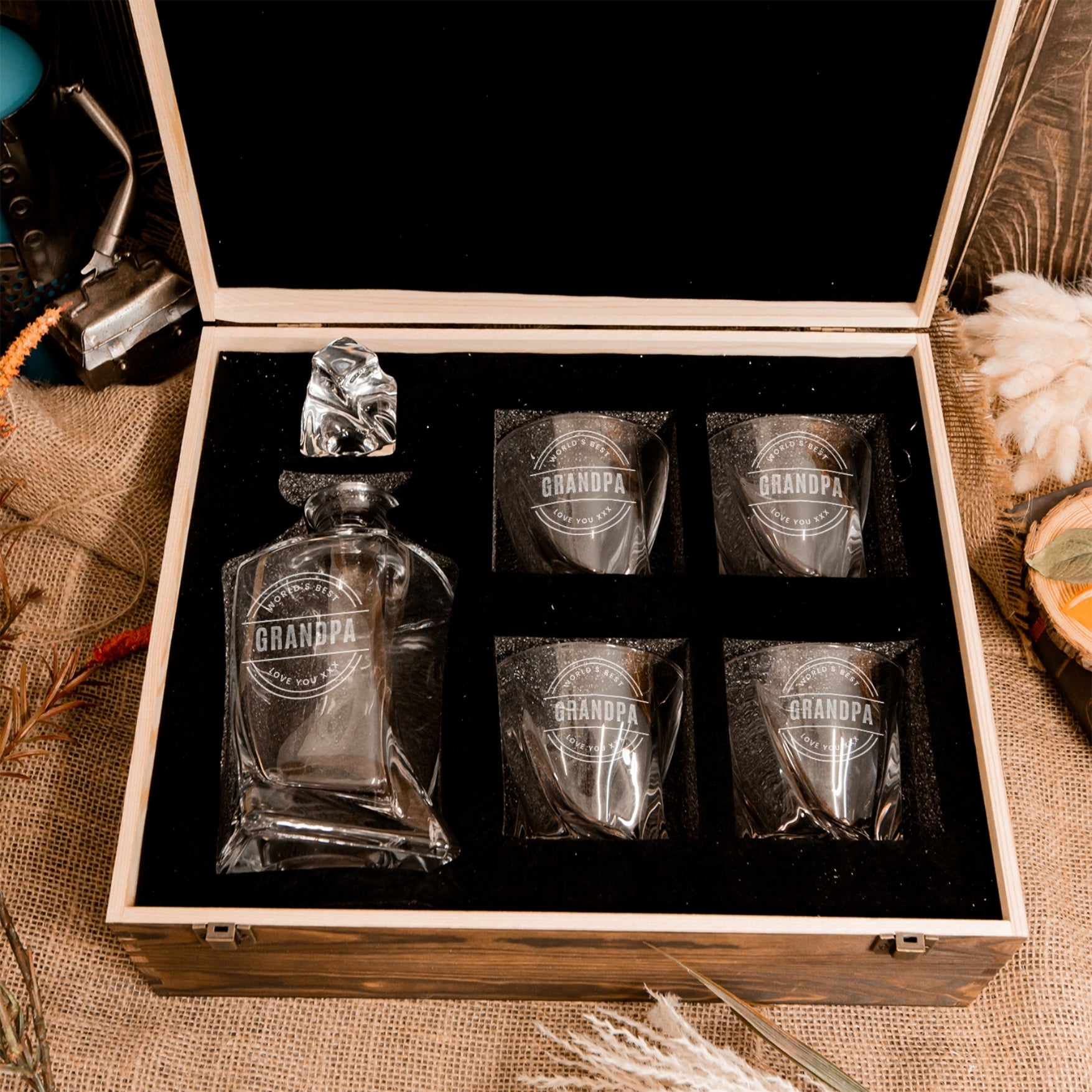 Custom Engraved Twisted Whiskey Decanter Set, 4  Scotch Glasses & Wooden Box, Personalised Logo Barware Dad, Groomsmen Birthday Wedding Gift
