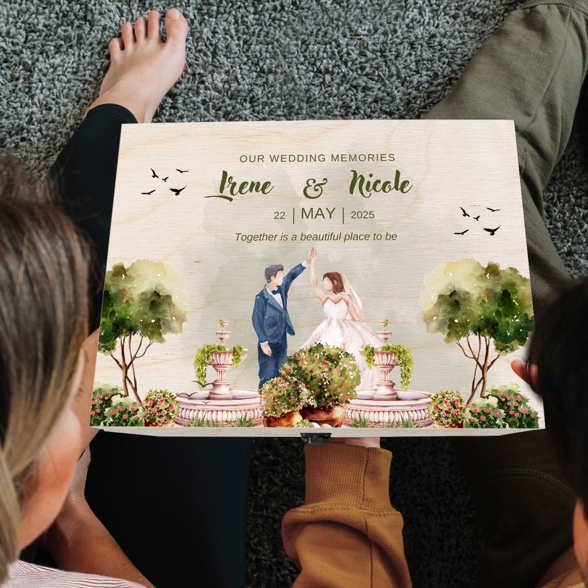 Personalised Watercolour Painting Couple Wedding Wooden Keepsake Box, Custom UV Printed Memory Engagement Treasure Storage, Anniversary Gift