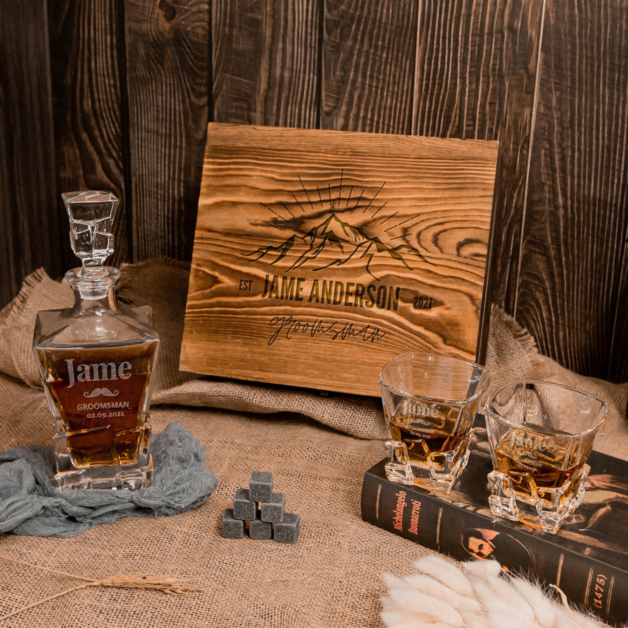 Engraved Whiskey Wooden Box - Square Cut Decanter, 2 Scotch Glasses & 6 Ice Stone Personalised Logo Barware Set, Groomsman Dad Birthday Gift