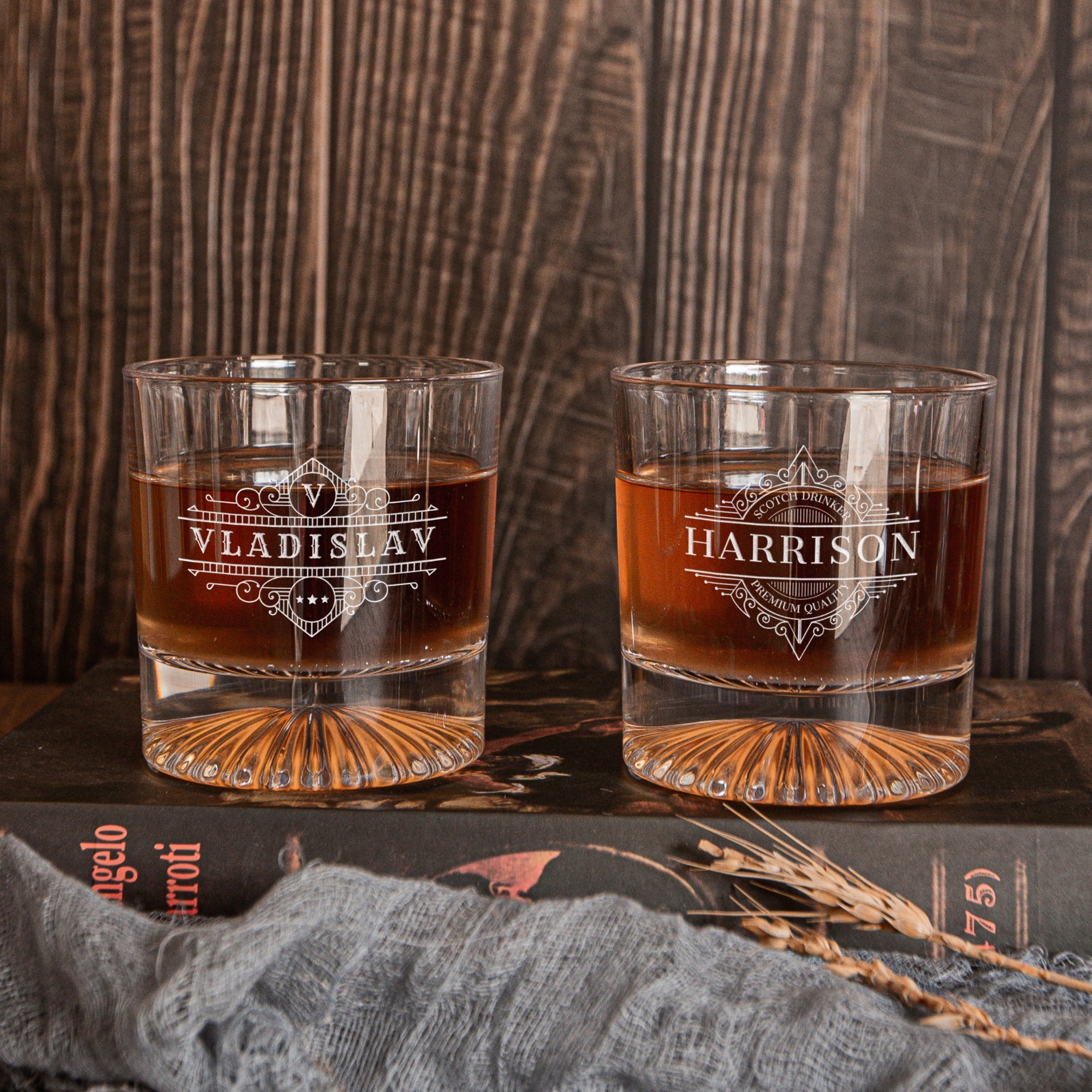 Custom Engraved Whiskey Wooden Box - 2 Round Star Scotch Glasses & 6 Rock Ice Stones, Personalised Barware Set, Birthday, Housewarming Gift