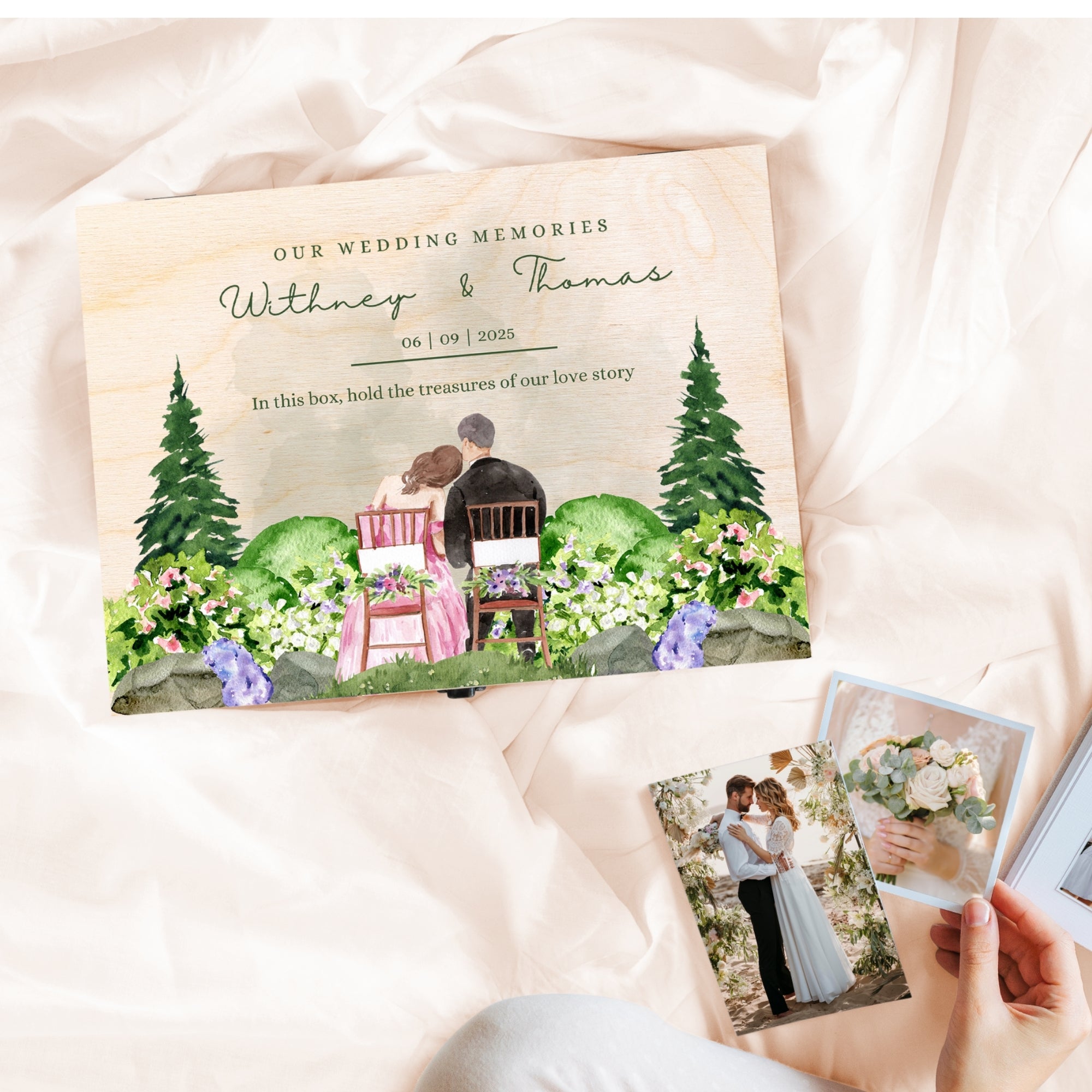 Personalised Watercolour Painting Couple Wedding Wooden Keepsake Box, Custom UV Printed Memory Engagement Treasure Storage, Anniversary Gift