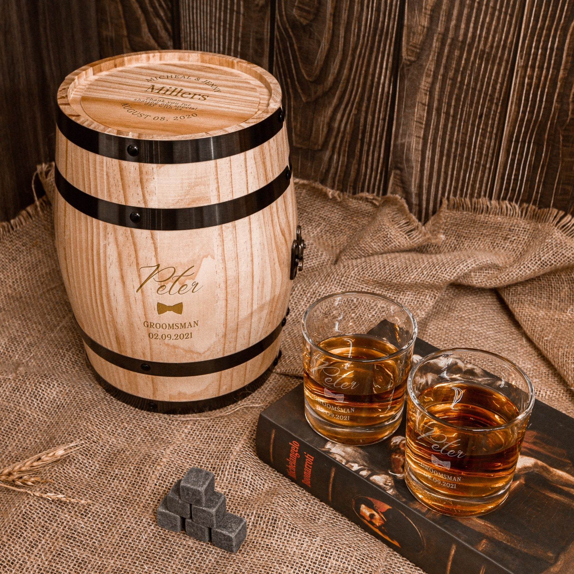 Personalised Wooden Barrel Whiskey Box, 2 Scotch Glasses, 6 Ice Stones | Custom Engraved Barware Set, Dad Groomsmen, Anniversary, Xmas Gift