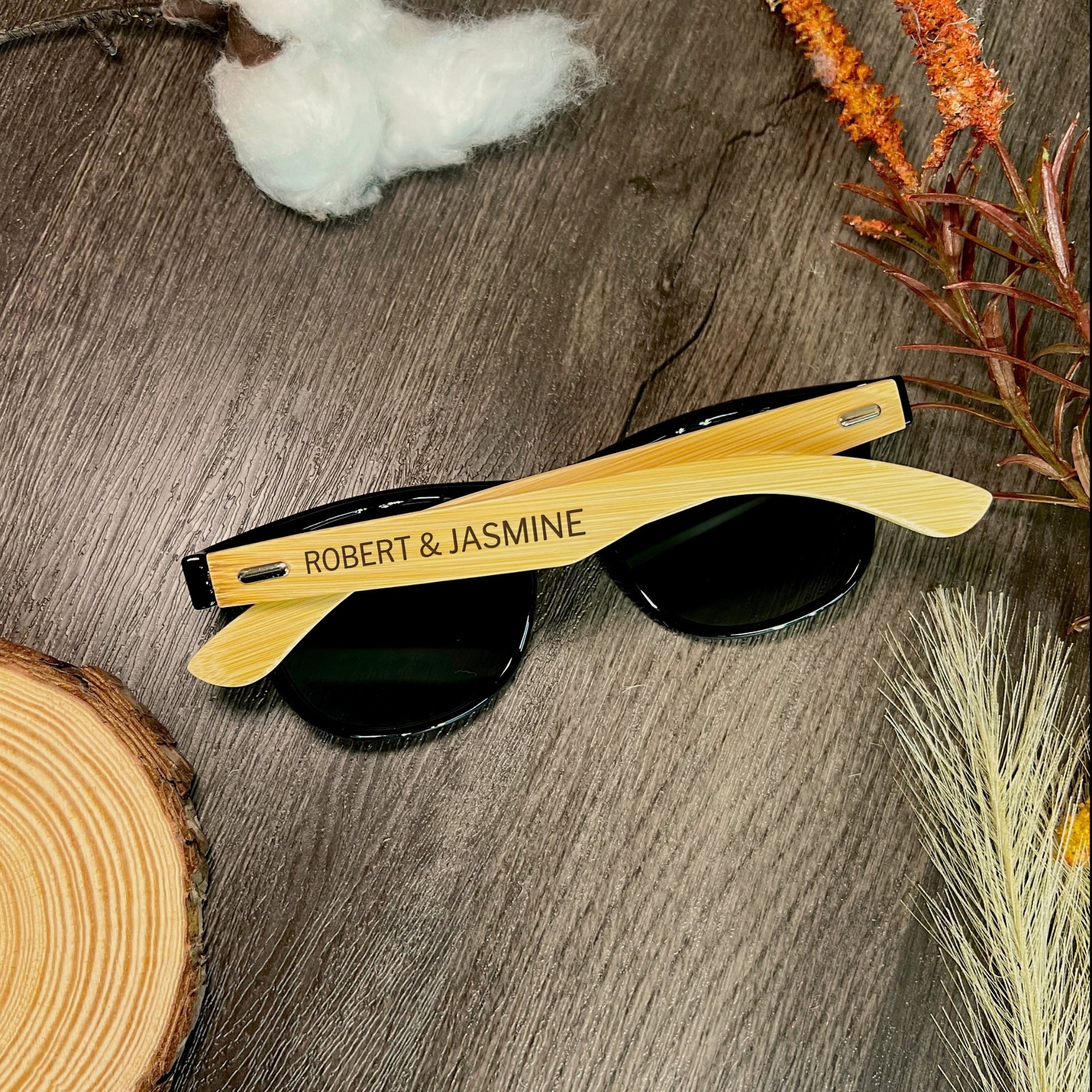 Personalised Unisex Wooden Polarised Sunglasses & Bamboo Box, Custom Engraved Logo Eyeware Glasses Case, Groomsman Dad Gift Wedding Favour