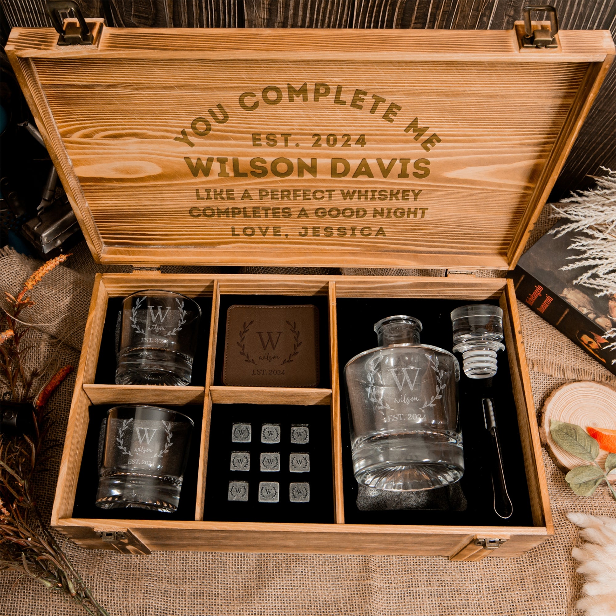 Personalised Army Wood Crate Whiskey Box, Whisky Decanter, 2 Glasses, 6 Ice Stones, 2 Coasters, Tongs, Etched Barware Groomsman Dad Gift Set