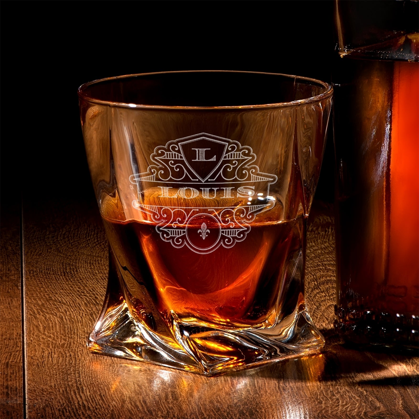 Custom Engraved Twisted Whiskey Decanter Set, 4  Scotch Glasses & Wooden Box, Personalised Logo Barware Dad, Groomsmen Birthday Wedding Gift