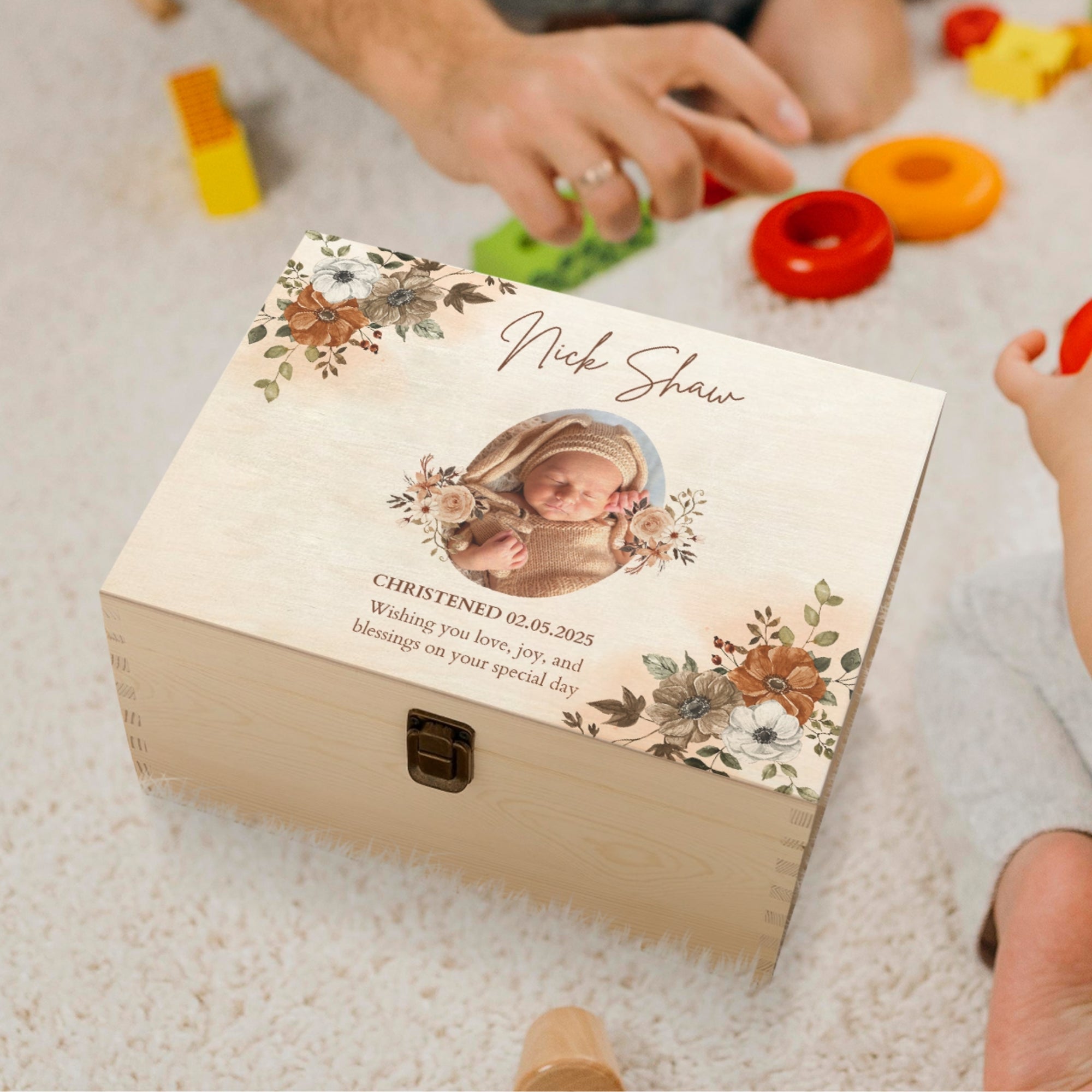 Personalised God Bless Baby Photo Wooden Keepsake Box, Custom Floral Memory Boxes Pine Treasure Storage Baptism Christen First Birthday Gift