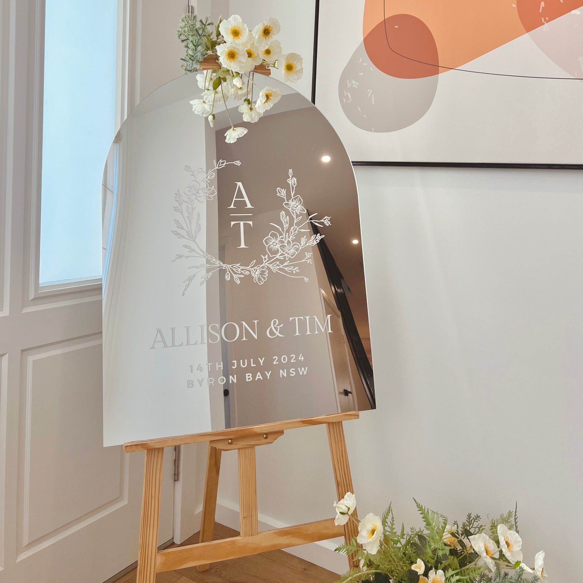 Personalised Acrylic Floral Wreath Arch Wedding Signage, Custom UV Print Monogram & Names Mirror Welcome Sign, Engagement/ Anniversary Decor