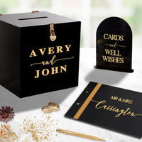 Custom Made Wedding 3 Bundle Set, Personalised Acrylic Black Wishing Well Box, Memory Guest Book, Card & Gifts / Photo Guestbook Table Sign