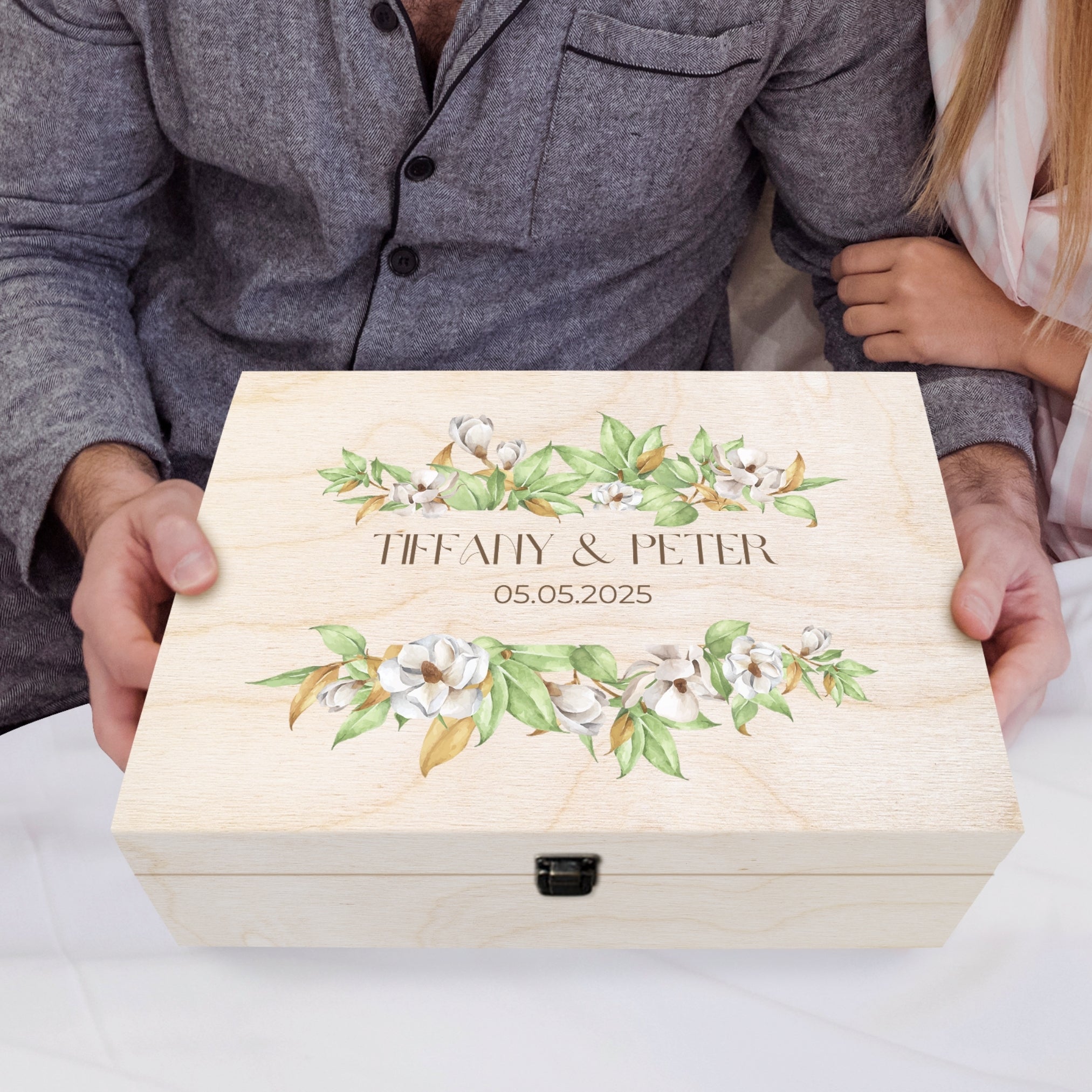 Personalised Floral Wedding Wooden Keepsake Box, Custom Names & Date UV ...