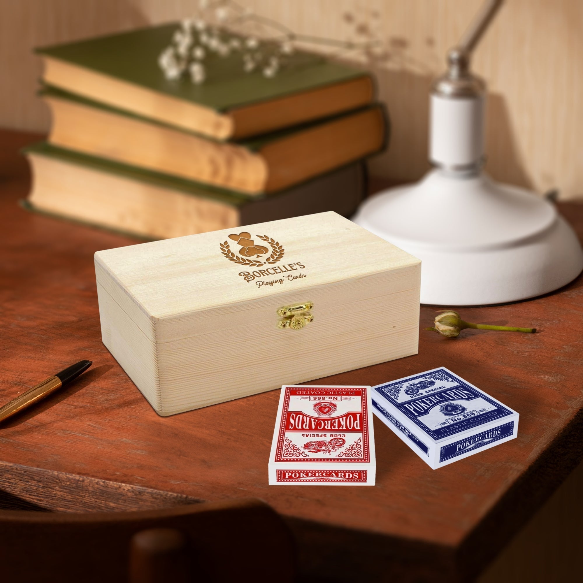 Personalised Wooden Gift Boxed Playing Card Set, Engraved 2 Pack of Cards Deck Holder Storage Family Party Games, Birthday Father, Xmas Gift