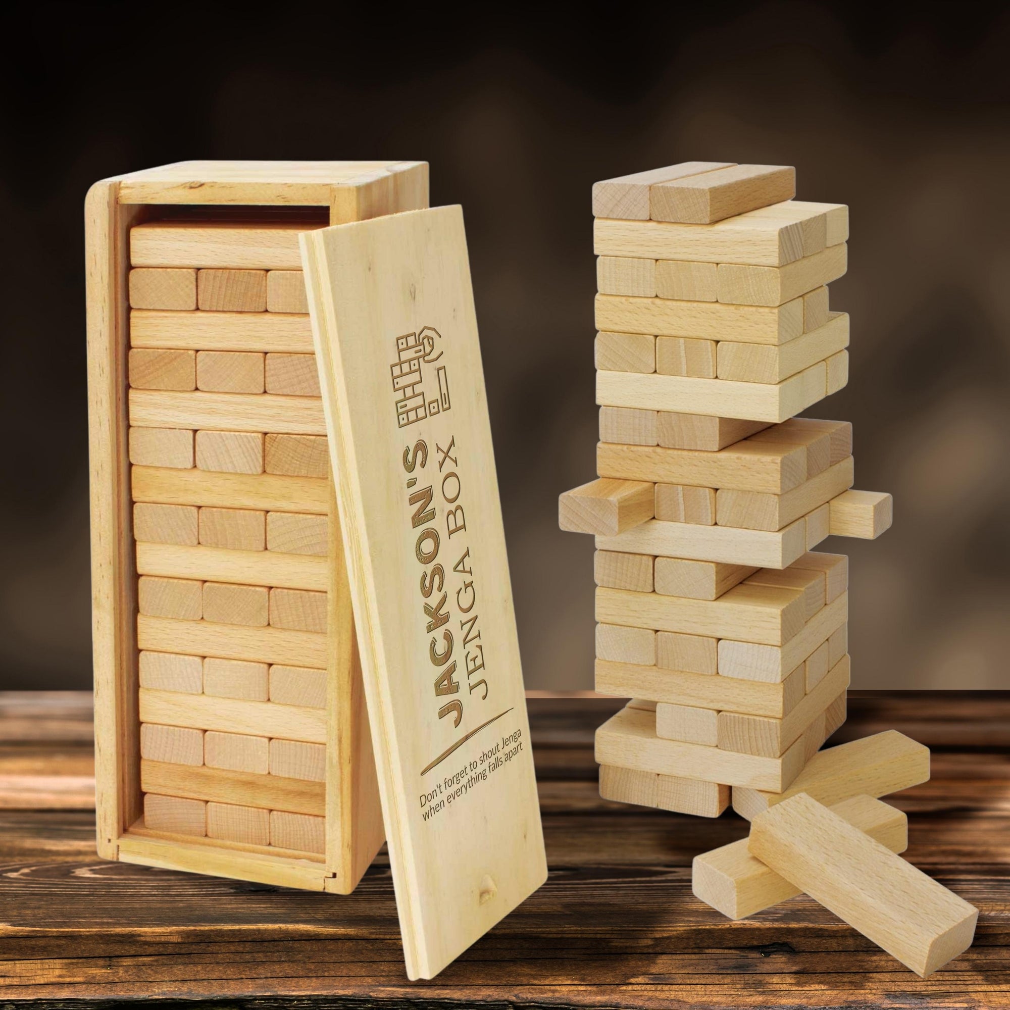 Personalised 48 Wooden Block Tumbling Tower Game Box, Engraved Jenga Party Interactive Game, Custom Birthday, Father's Day, Teacher Gift Box