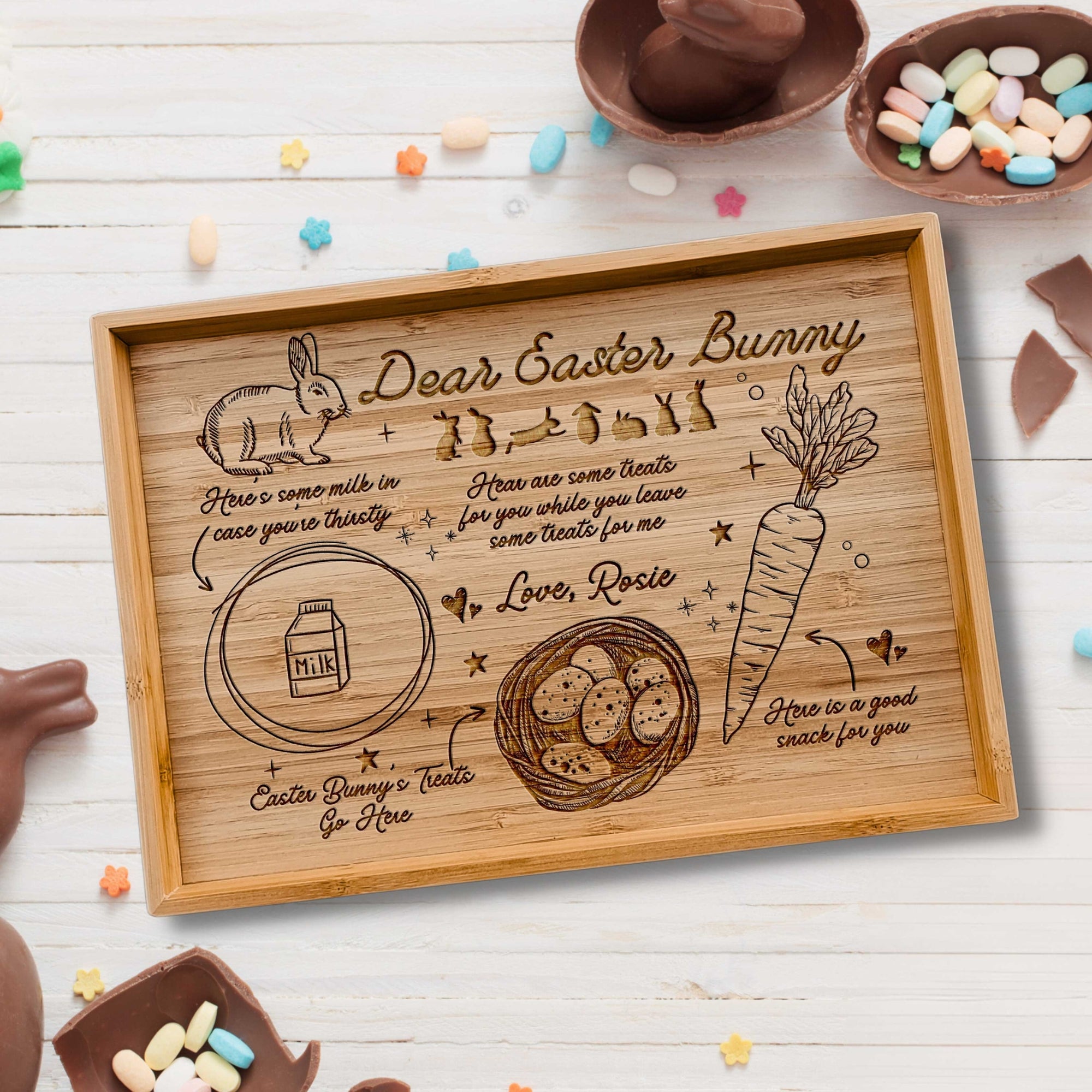 Personalised Dear Easter Bunny Treat Tray, Custom Engraved Rabbit Board, Etched Milk, Carrot Cookie Platter Bamboo Serving Board Wooden Gift