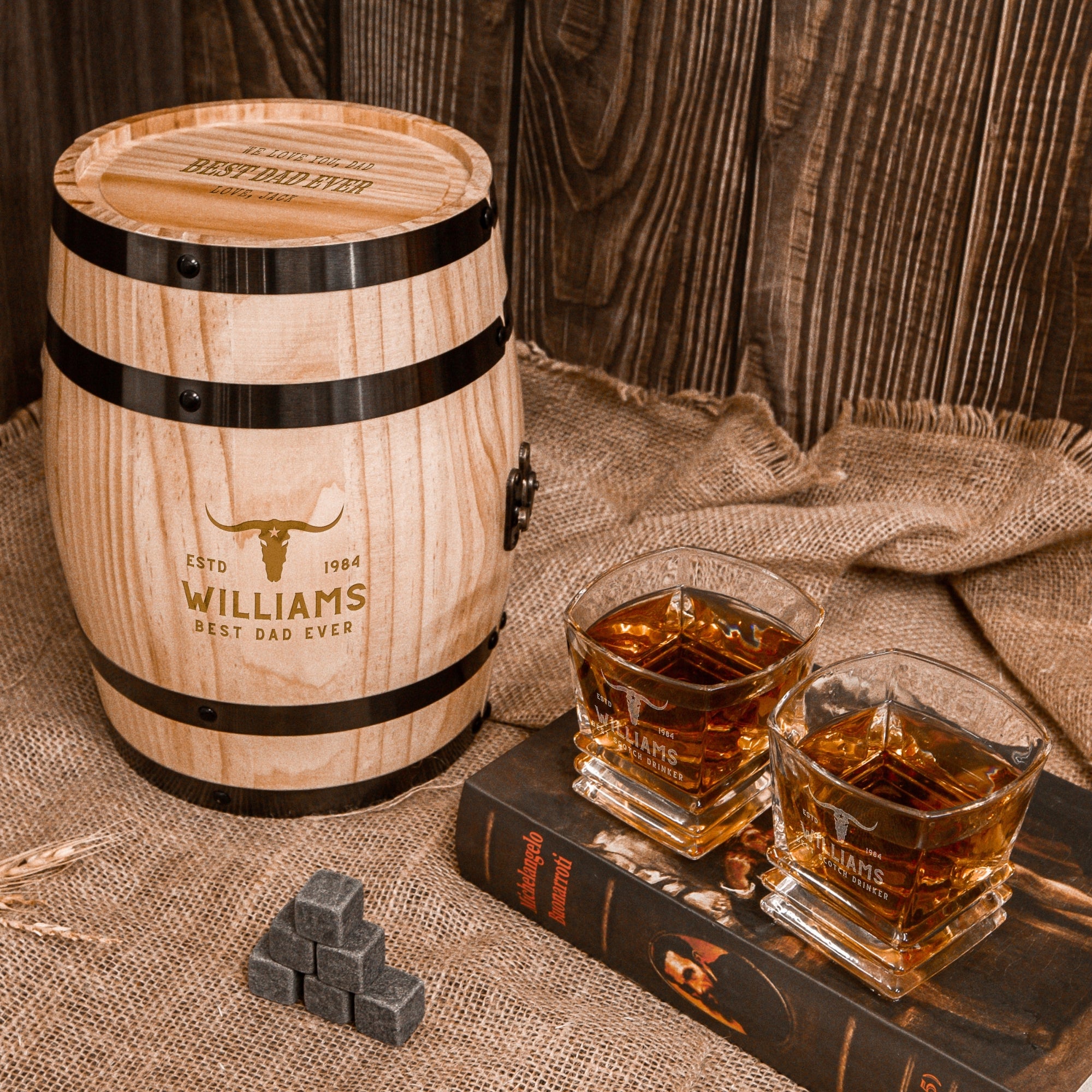 Personalised Wooden Barrel Whiskey Box, 2 Prism Glasses, 6 Ice Stones | Custom Engraved Barware Set, Dad, Groomsmen, Retirement, Xmas Gift