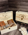 Personalised Wood Corkscrew, Leather Tan Wallet, Hip Flask Set in Custom Engraved Wooden Box, Best Man, Dad, Groomsman Proposal Wedding Gift