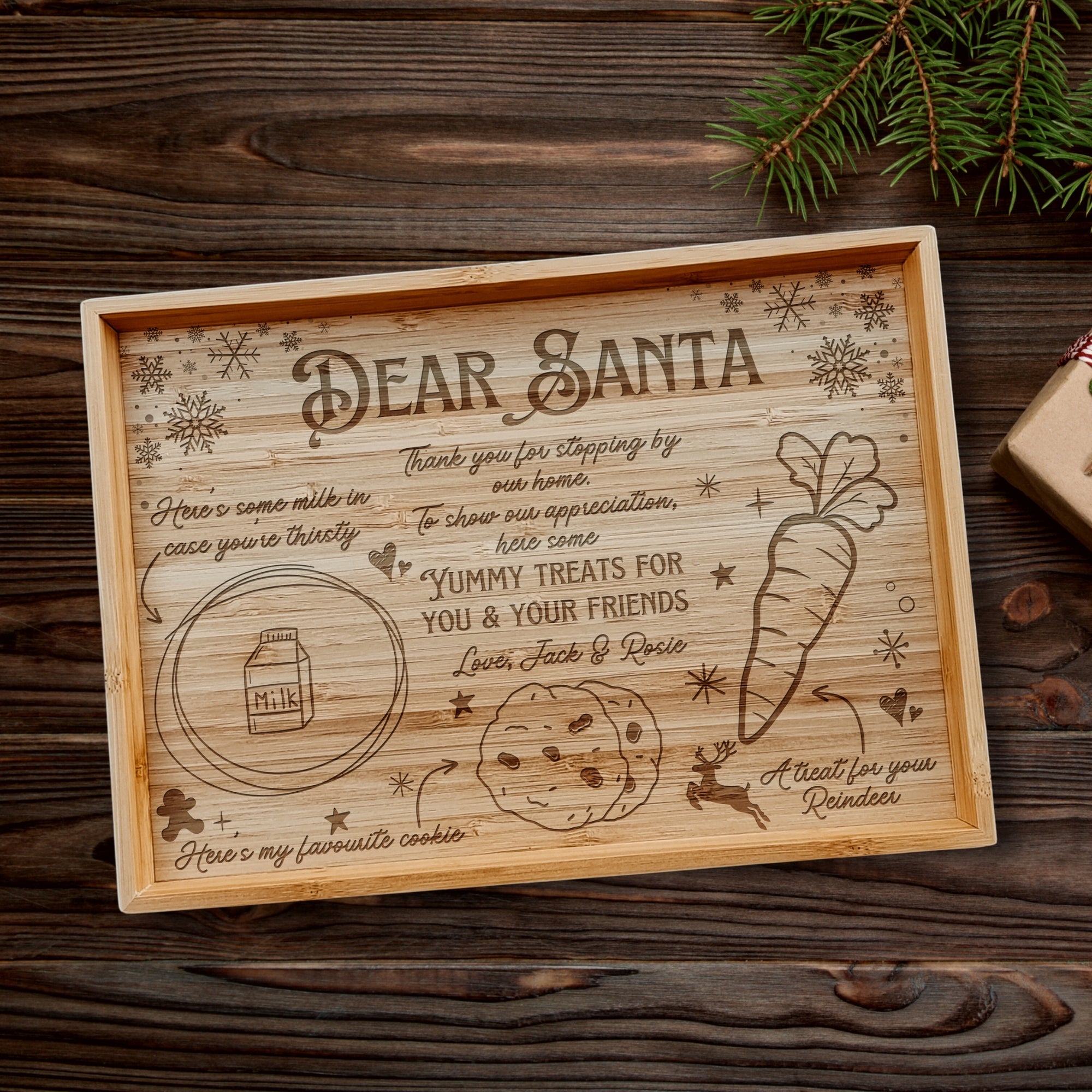 Personalised Dear Santa Treat Tray, Custom Engraved Christmas Eve Board, Etched Reindeer Milk, Carrot Cookie Platter, Wooden Xmas Night Tray