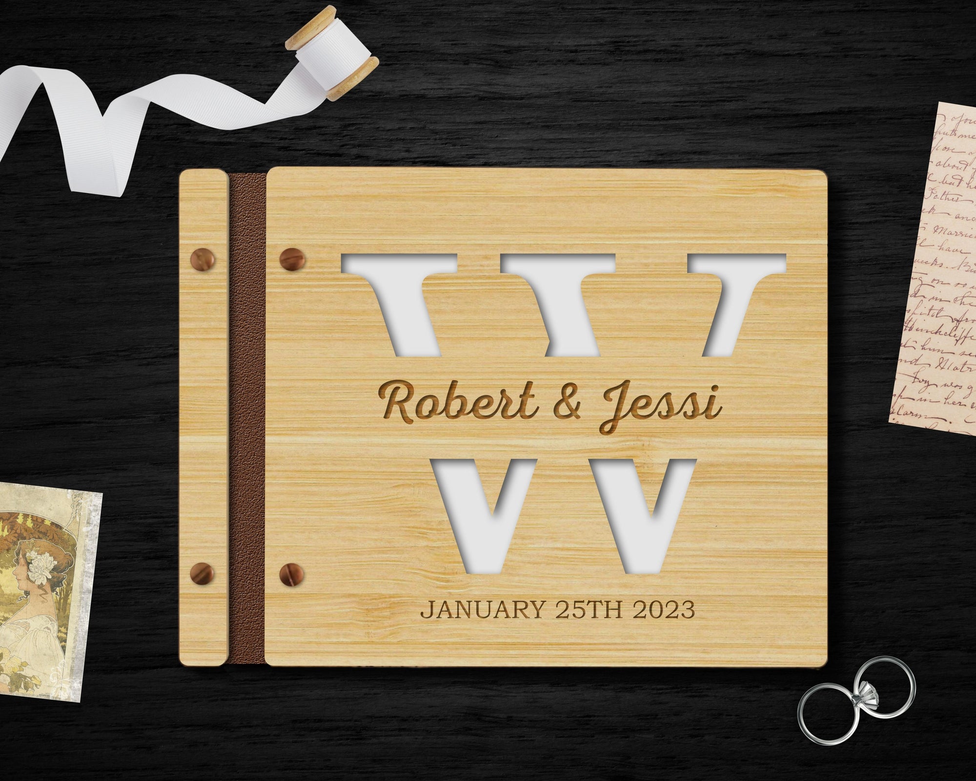 Custom Laser Cut & Engraved Wooden Vegan Leather Wedding Guest Book, Personalised Plywood Birthday Guestbook Keepsake, Rustic Party Decor