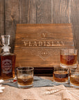 Custom Engraved Whiskey Decanter Set, 4 Glasses & Wooden Box, Personalised Logo Barware, Father, Birthday, Groomsmen Wedding Corporate Gift