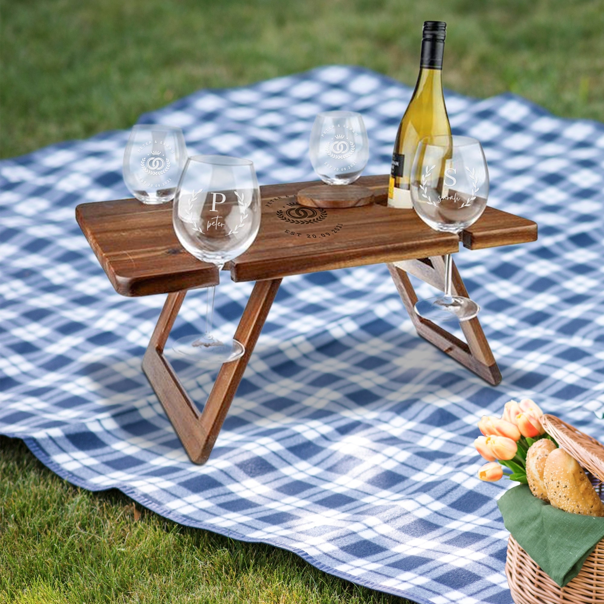 Personalised Foldable Portable Wooden Acacia Travel 4 People Picnic Table & Crystal Wine Glasses, Custom Engraved Wedding, Housewarming Gift