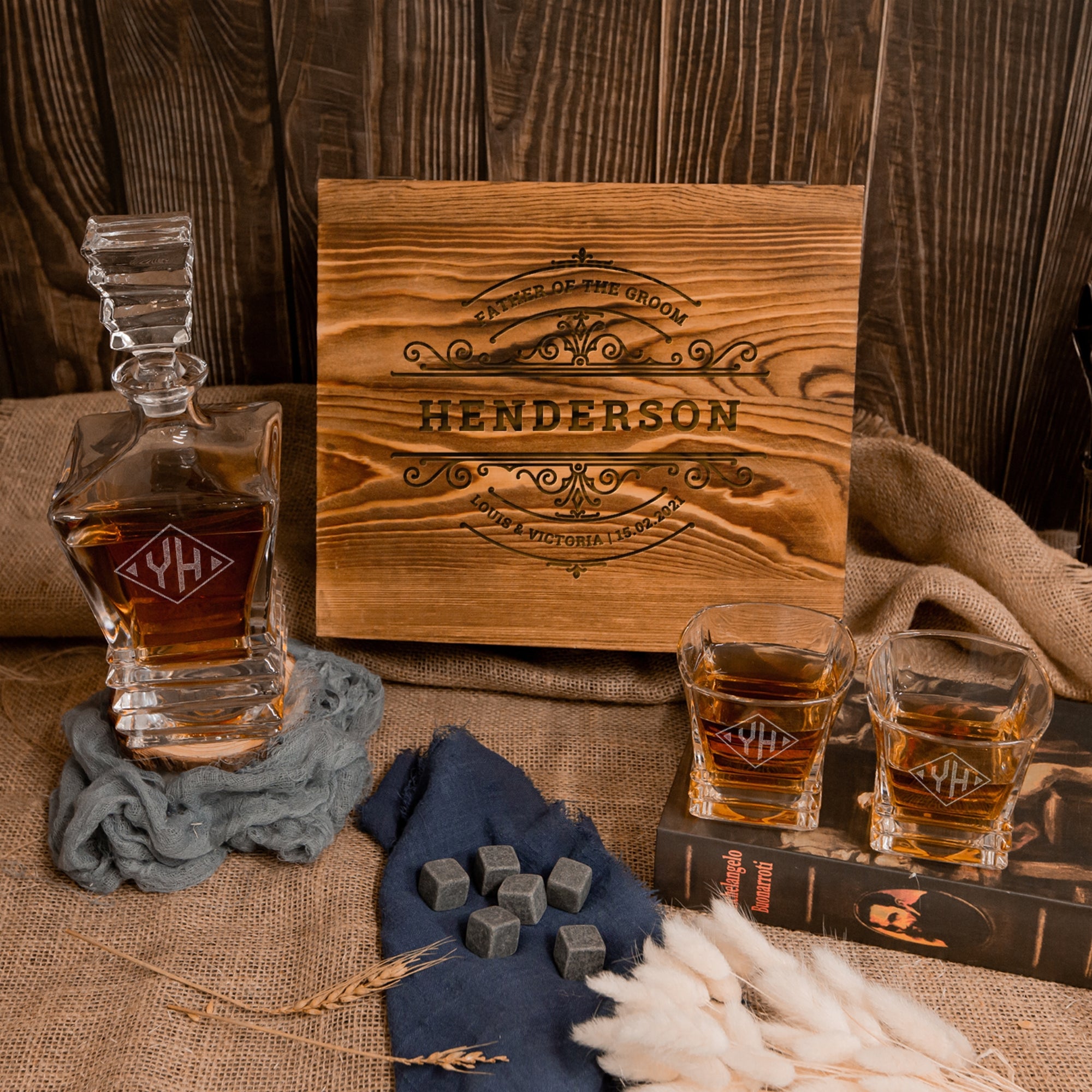 Engraved Whiskey Wooden Box - Prism Decanter, 2 Scotch Glasses & 6 Ice Stones, Personalised Barware Set Groomsman Housewarming Dad Xmas Gift
