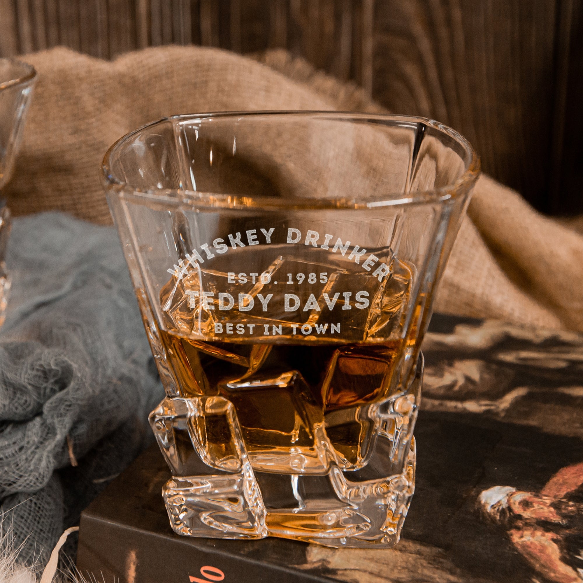 Custom Engraved Whiskey Wooden Box - 2 Square Cut Scotch Glasses & 6 Rock Ice Stones, Personalised Barware Set Graduate Anniversary Dad Gift