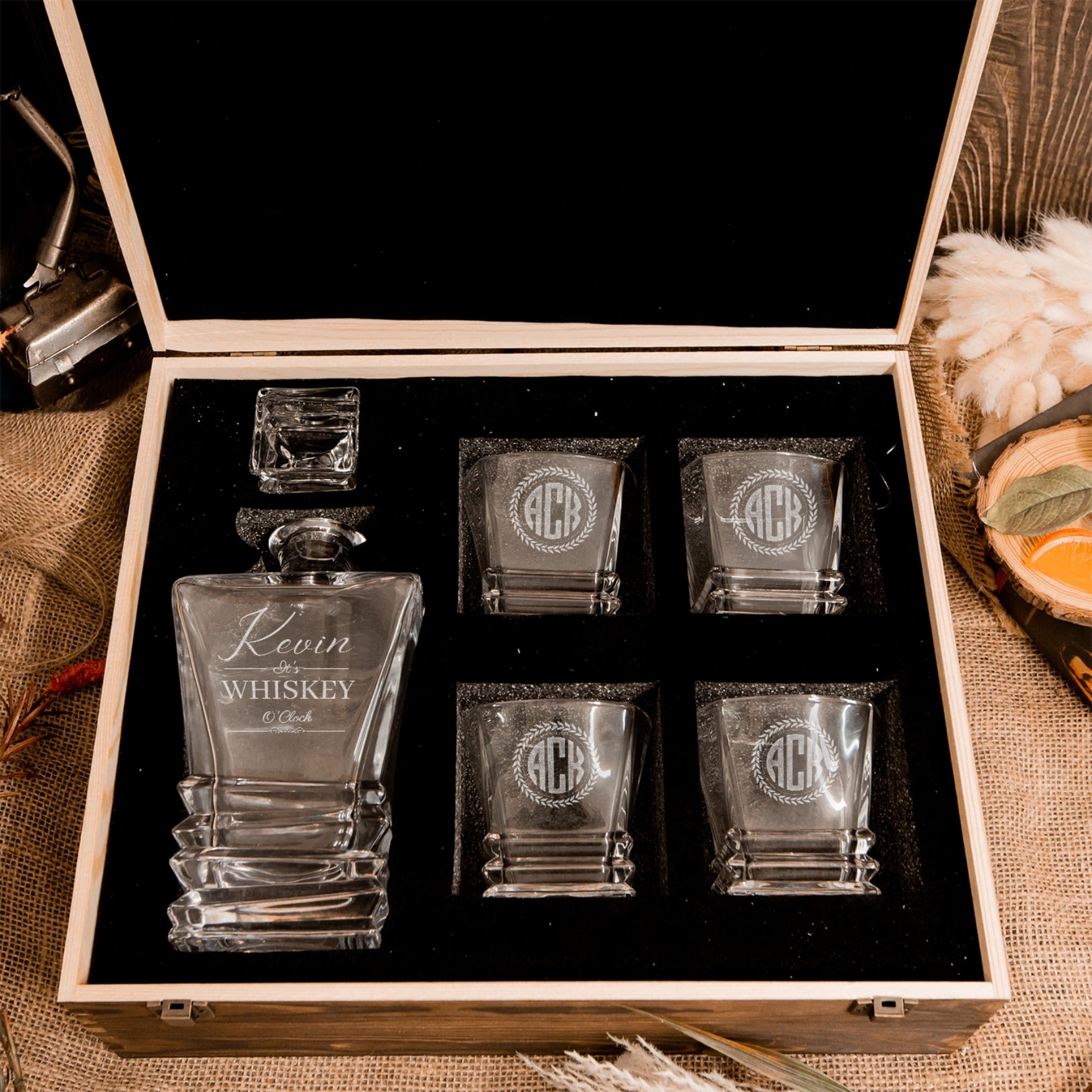 Custom Etched Prism Whiskey Decanter Set, 4  Scotch Glasses & Wooden Box, Personalised Barware Dad, Groomsmen, Birthday, Wedding, Corporate Gift