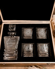 Custom Etched Prism Whiskey Decanter Set, 4 Scotch Glasses & Wooden Box, Personalised Barware Dad, Groomsmen, Birthday, Wedding, Corporate Gift