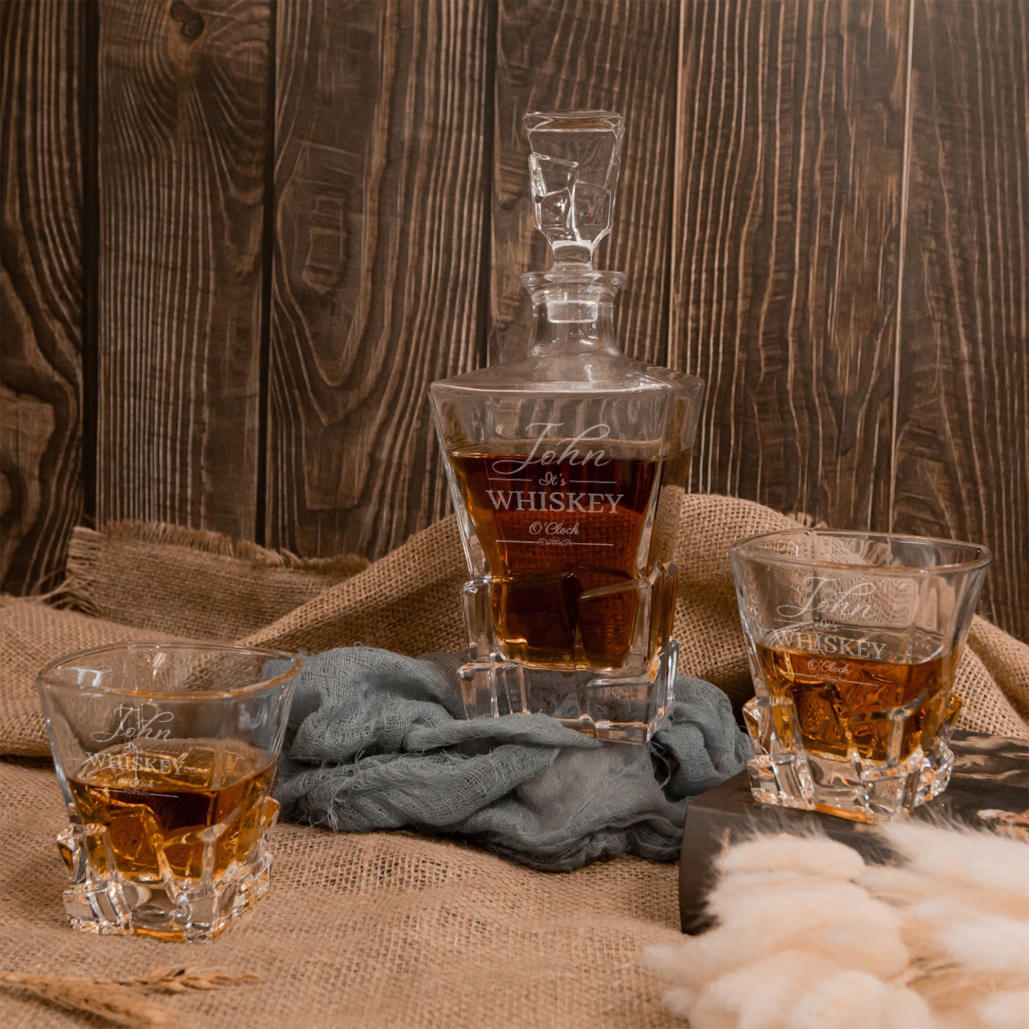 Personalised Army Wood Crate Whiskey Box, Whisky Decanter, 2 Glasses, 6 Ice Stones, 2 Coasters, Tongs, Etched Barware Groomsman Dad Gift Set