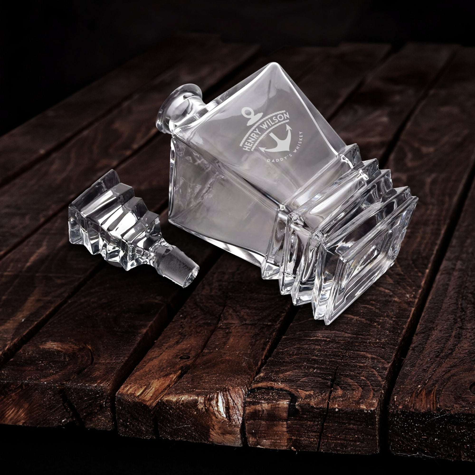Engraved Whiskey Wooden Box - Prism Decanter, 2 Scotch Glasses & 6 Ice Stones, Personalised Barware Set Groomsman Housewarming Dad Xmas Gift