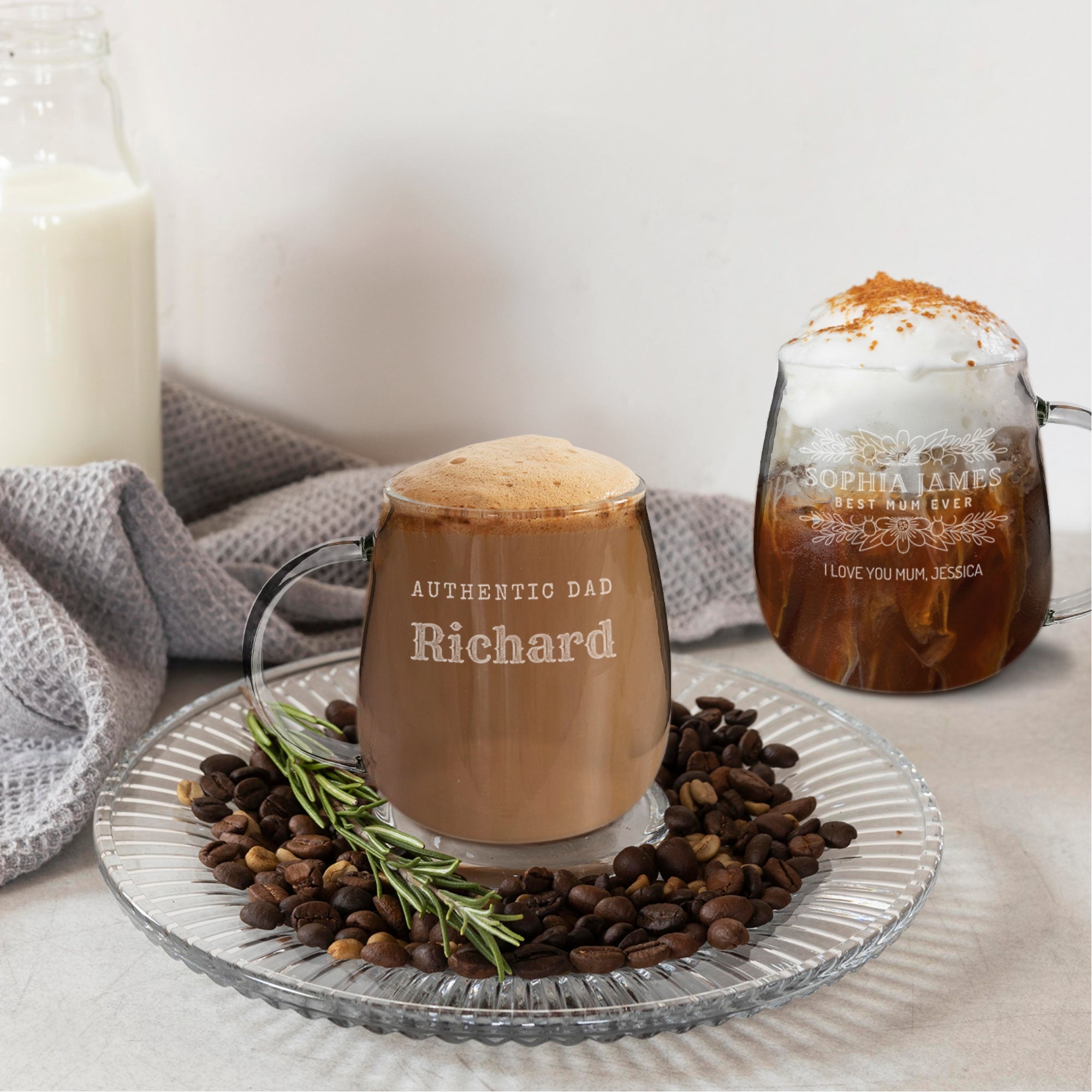 Personalised Handle Glass 320ml Coffee Mug , Custom Engraved Tea Cup, Wedding Favour, Mother Birthday, Father's Day Christmas Corporate Gift