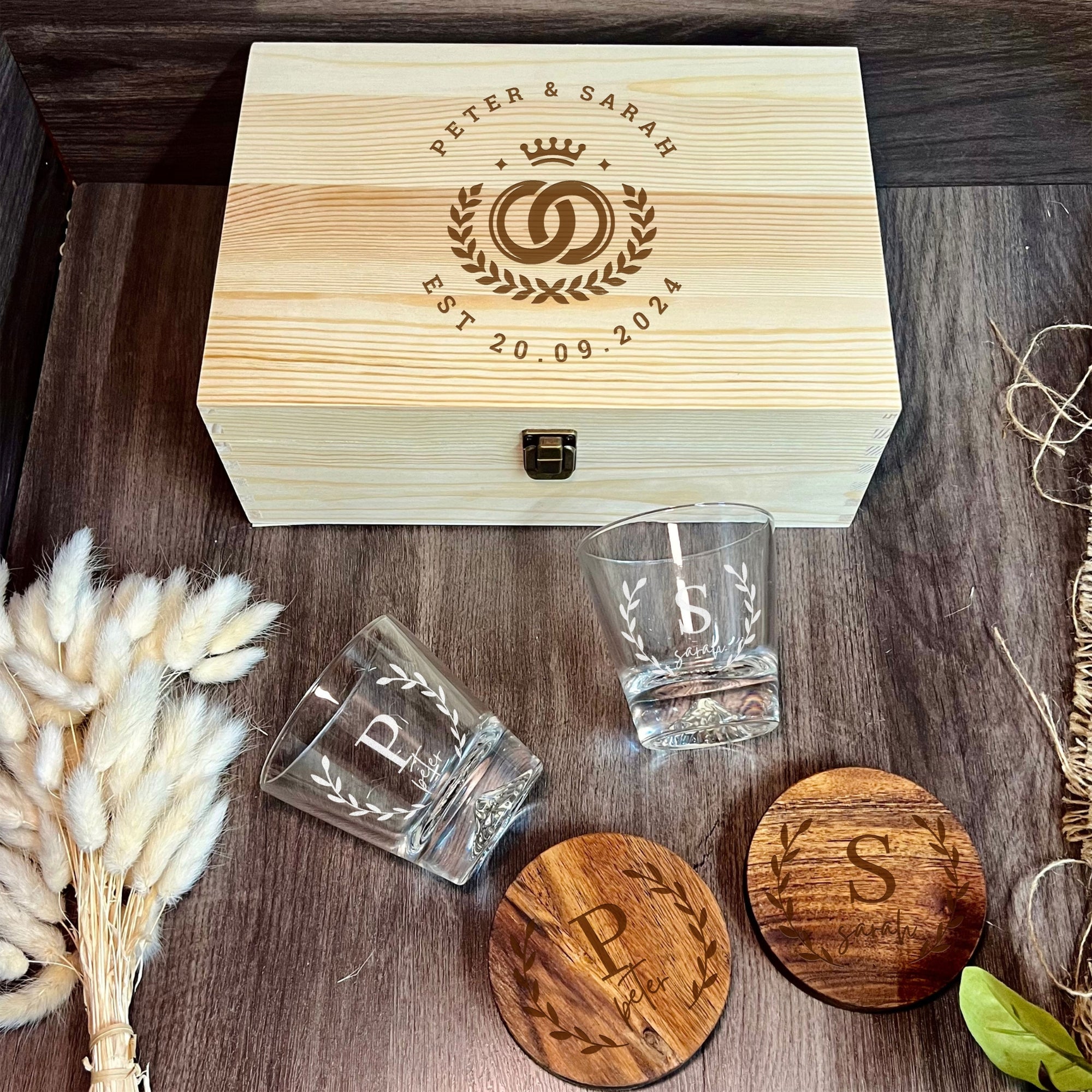 Personalised Mountain Whiskey Glasses & Acacia Coasters Pair Set in Custom Engraved Wooden Box, Dad Best Man Groomsman Proposal Wedding Gift