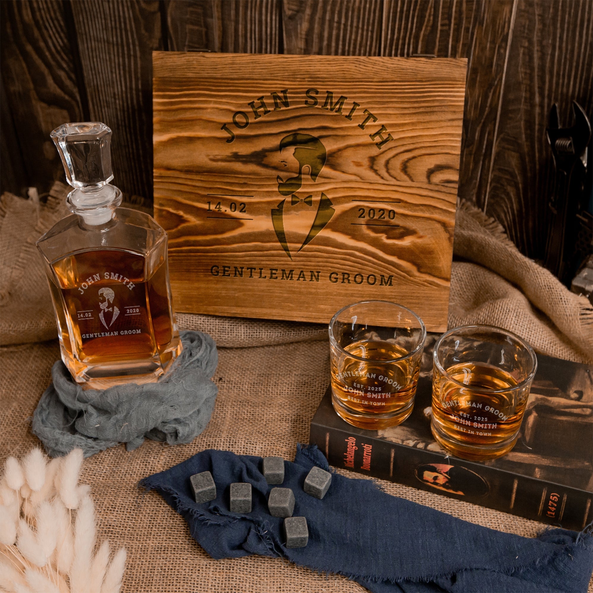 Engraved Whiskey Wooden Box - Flat Decanter, 2 Scotch Glasses & 6 Ice Stones Personalised Barware Set Groomsman, Birthday Dad Christmas Gift