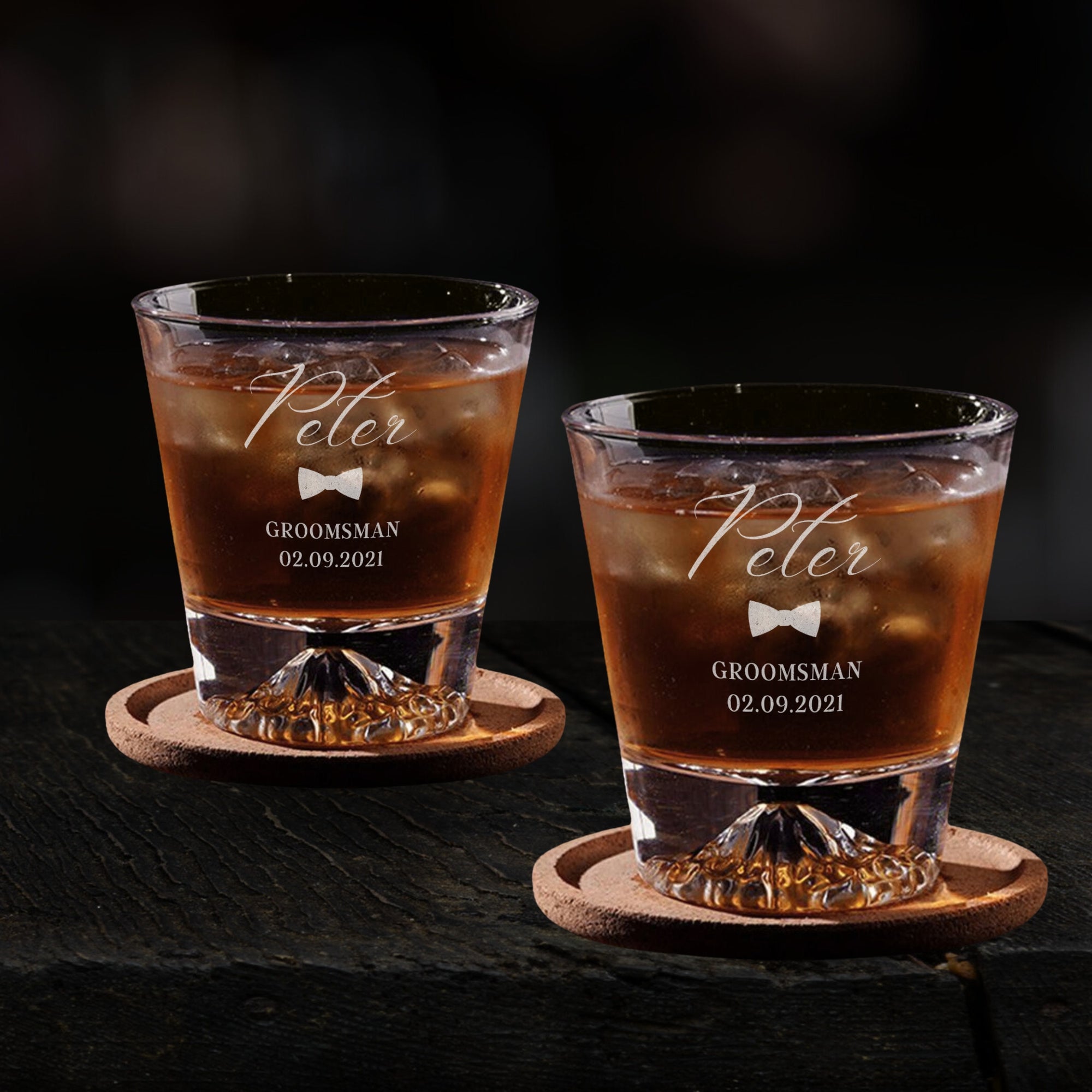 Personalised Mountain Whiskey Glasses & Acacia Coasters Pair Set in Custom Engraved Wooden Box, Dad Best Man Groomsman Proposal Wedding Gift
