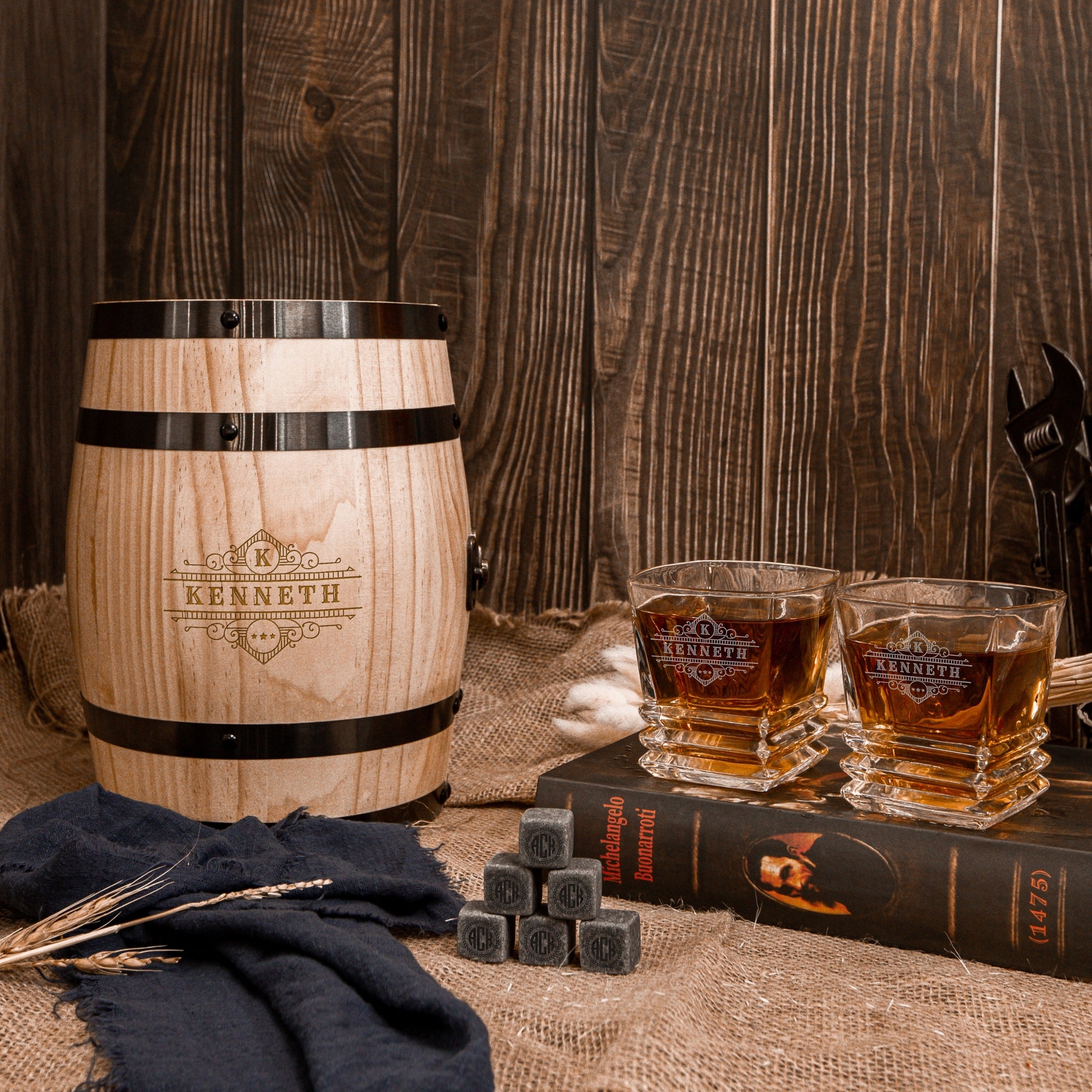 Personalised Wooden Barrel Whiskey Box, 2 Prism Glasses, 6 Ice Stones | Custom Engraved Barware Set, Dad, Groomsmen, Retirement, Xmas Gift