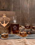 Custom Engraved Whiskey Decanter Set, 4 Glasses & Wooden Box, Personalised Logo Barware, Father, Birthday, Groomsmen Wedding Corporate Gift