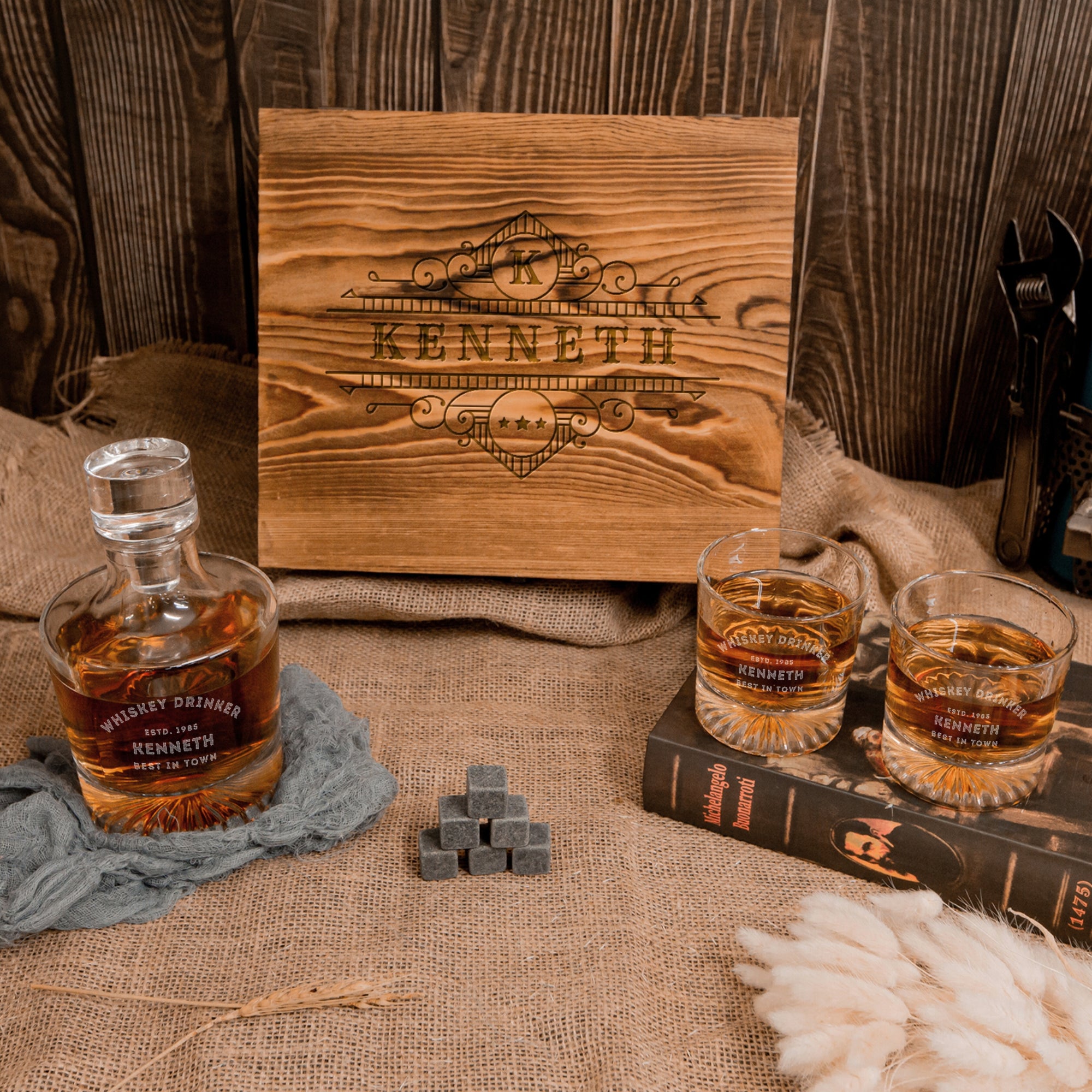Engraved Whiskey Wooden Box - Round Decanter, 2 Scotch Glasses & 6 Ice Stones Personalised Barware Set Groomsman, Graduate, Anniversary Gift