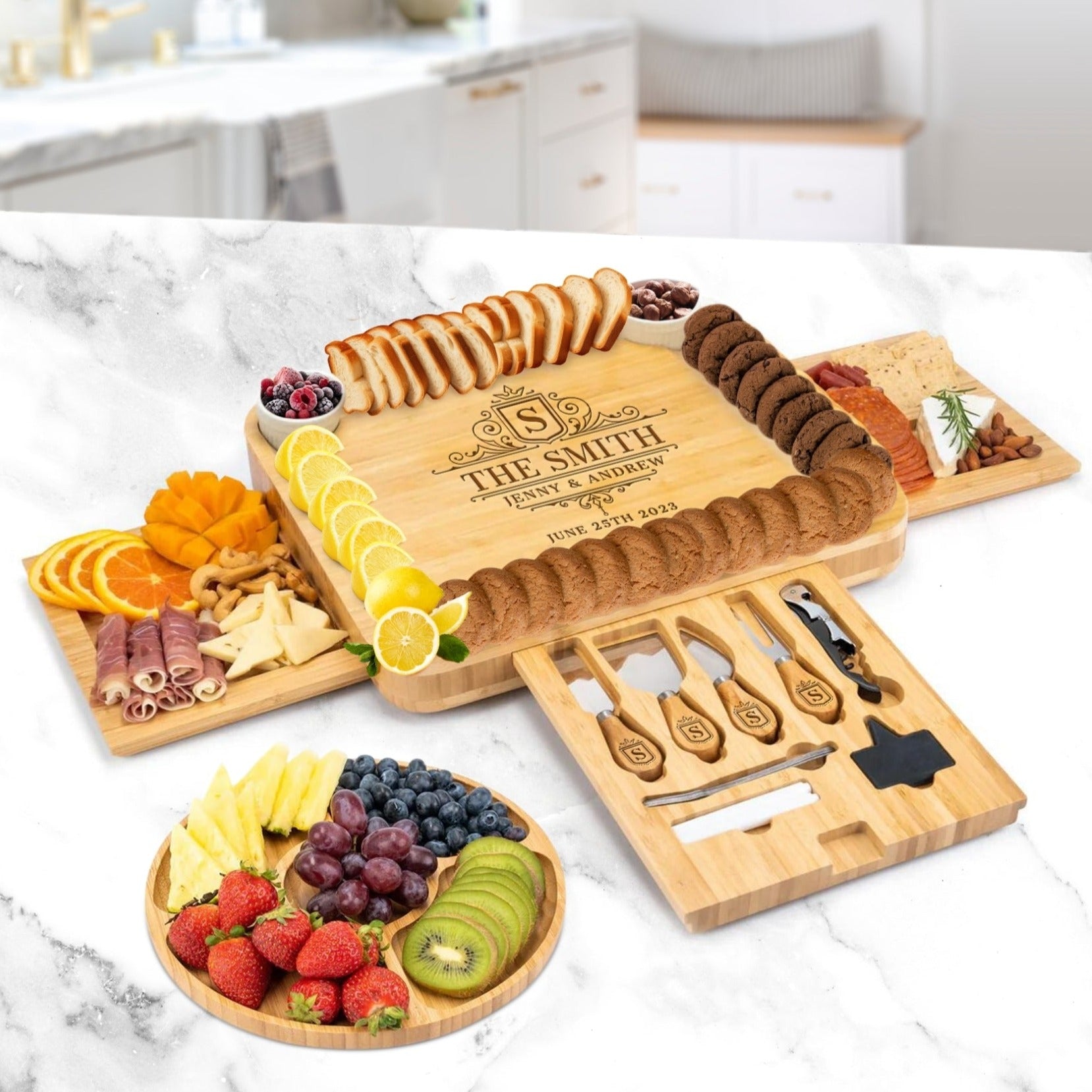 Personalised Pull-Out Three-Drawer Cheese Board Knife Tools Set with Fruit Tray