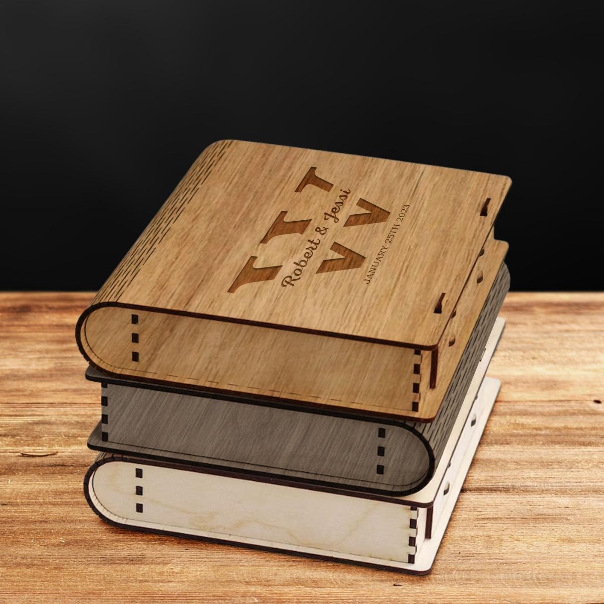 Custom Made Laser Cut & Engraved Wedding Photo Storage Wooden Book Box, Personalised Plywood/ MDF Name/ Logo Birthday, Anniversary Photograph Novel Gift Boxes
